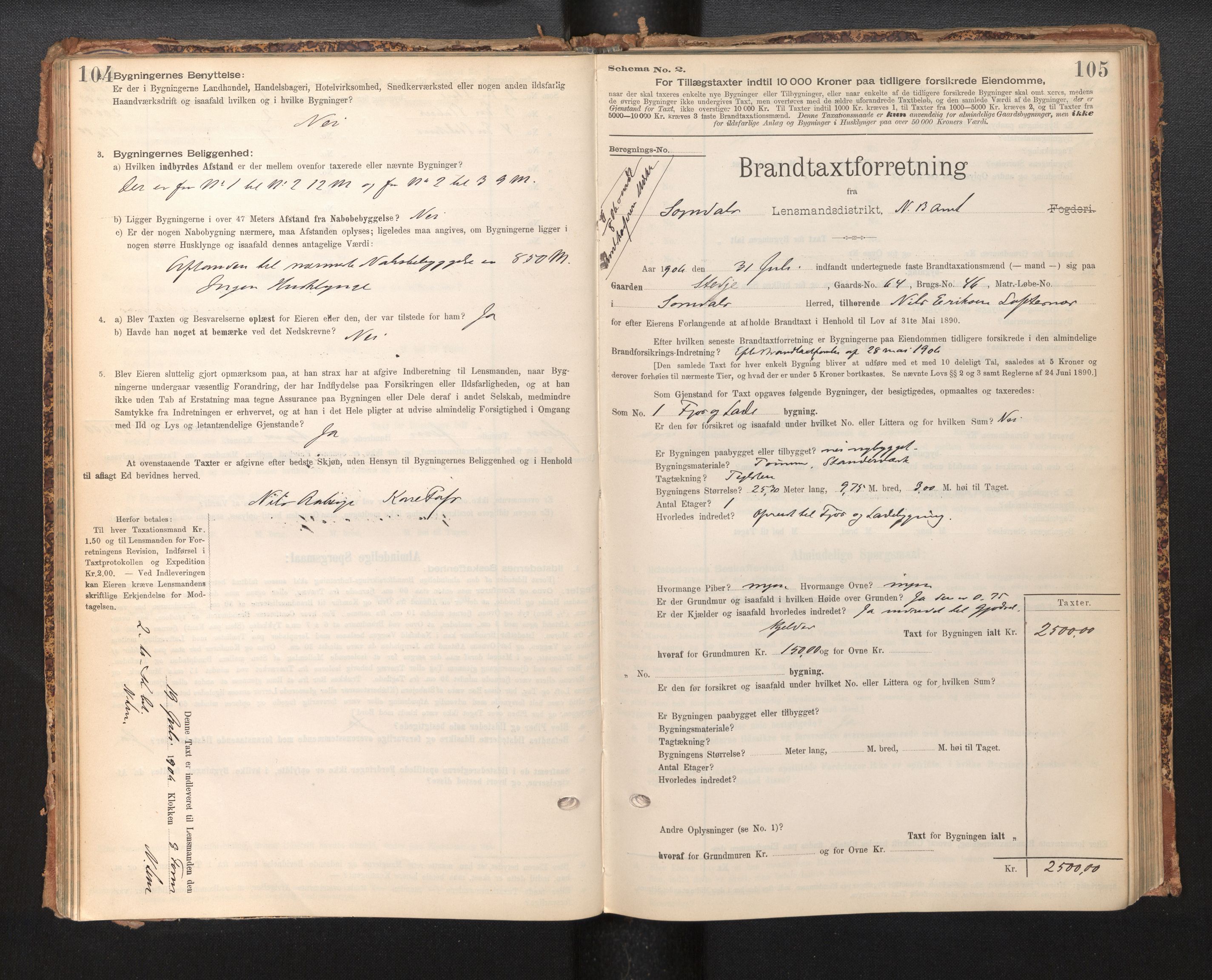 Lensmannen i Sogndal, AV/SAB-A-29901/0012/L0009: Branntakstprotokoll, skjematakst, 1901-1914, p. 104-105