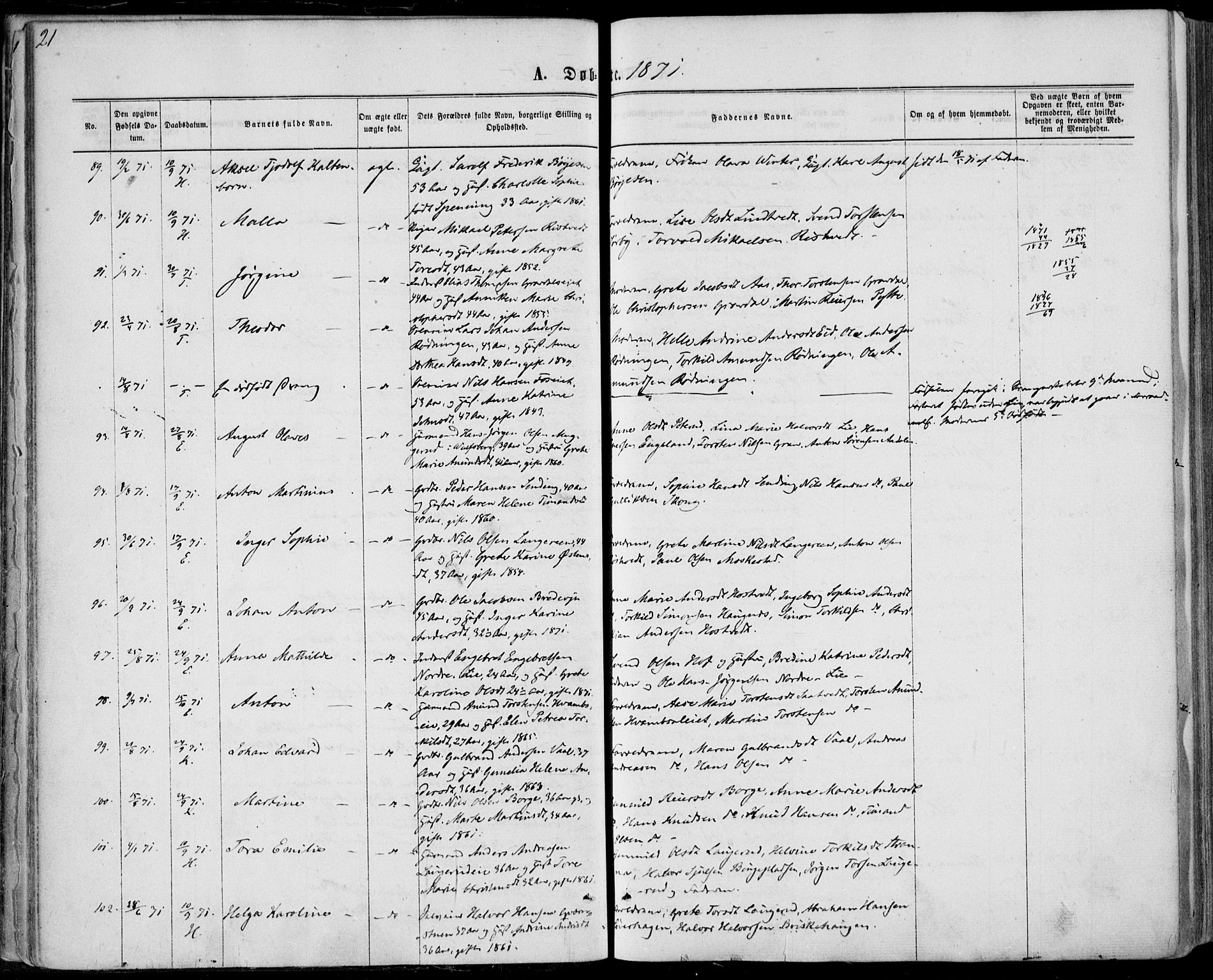 Sandsvær kirkebøker, AV/SAKO-A-244/F/Fa/L0007: Parish register (official) no. I 7, 1869-1877, p. 21