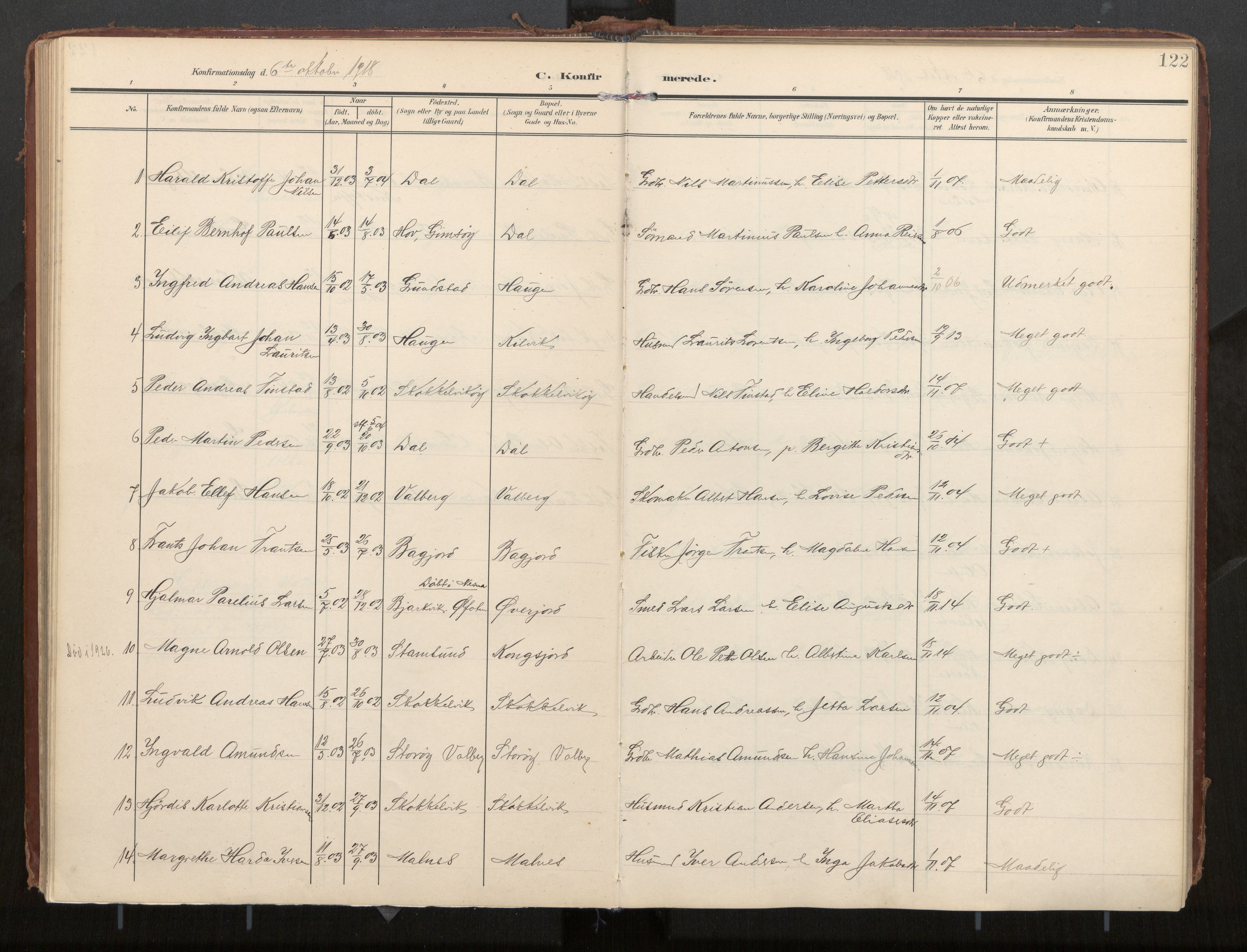 Ministerialprotokoller, klokkerbøker og fødselsregistre - Nordland, SAT/A-1459/884/L1194: Parish register (official) no. 884A02, 1906-1937, p. 122