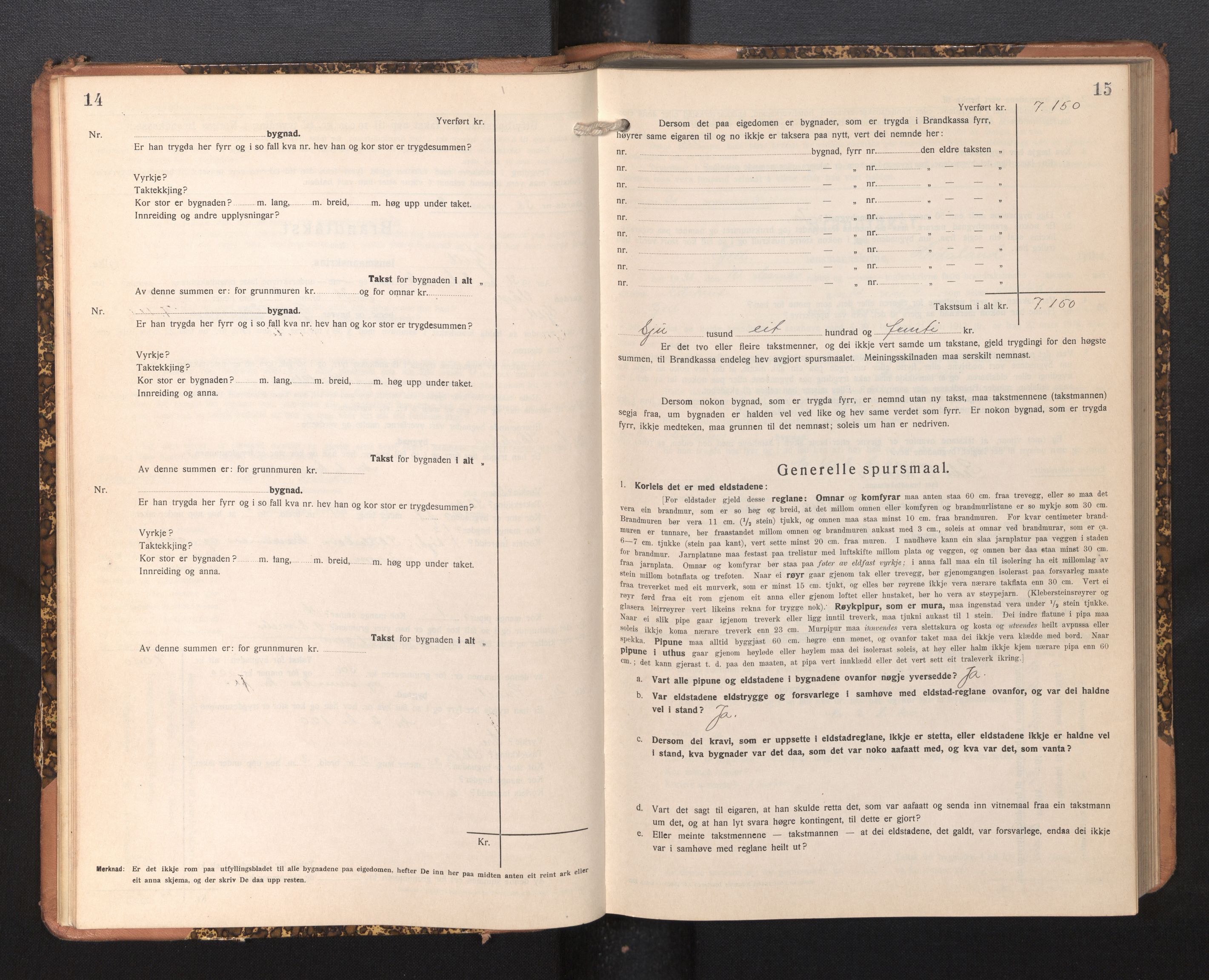 Lensmannen i Fjell, AV/SAB-A-32301/0012/L0006: Branntakstprotokoll, skjematakst, 1931-1945, p. 14-15