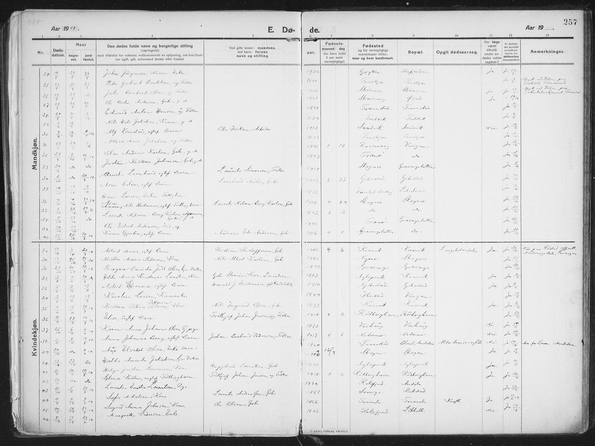 Lenvik sokneprestembete, AV/SATØ-S-1310/H/Ha/Haa/L0016kirke: Parish register (official) no. 16, 1910-1924, p. 257