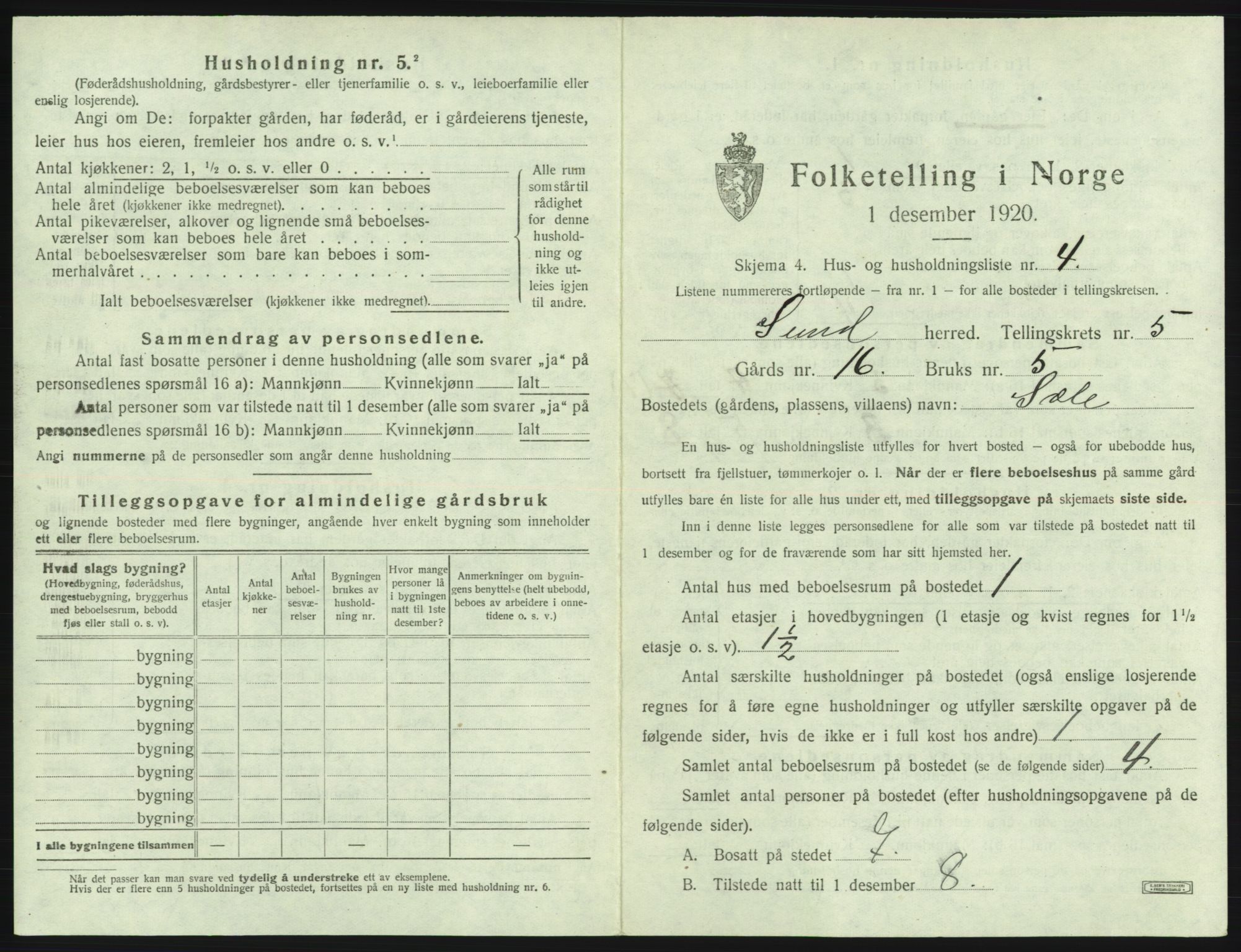 SAB, 1920 census for Sund, 1920, p. 376