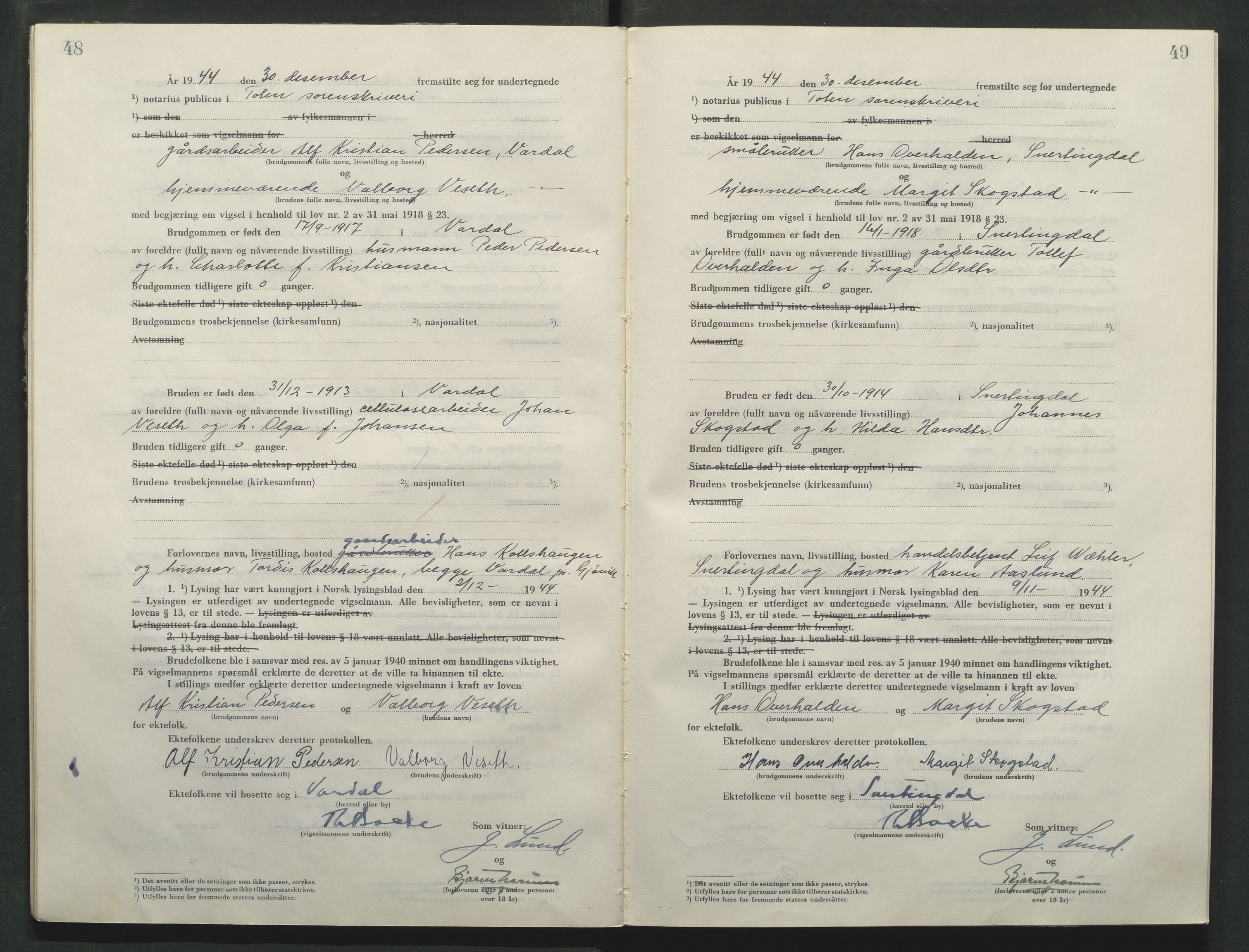 Toten tingrett, AV/SAH-TING-006/L/Lc/L0005: Vigselbok, 1944-1948, p. 48-49
