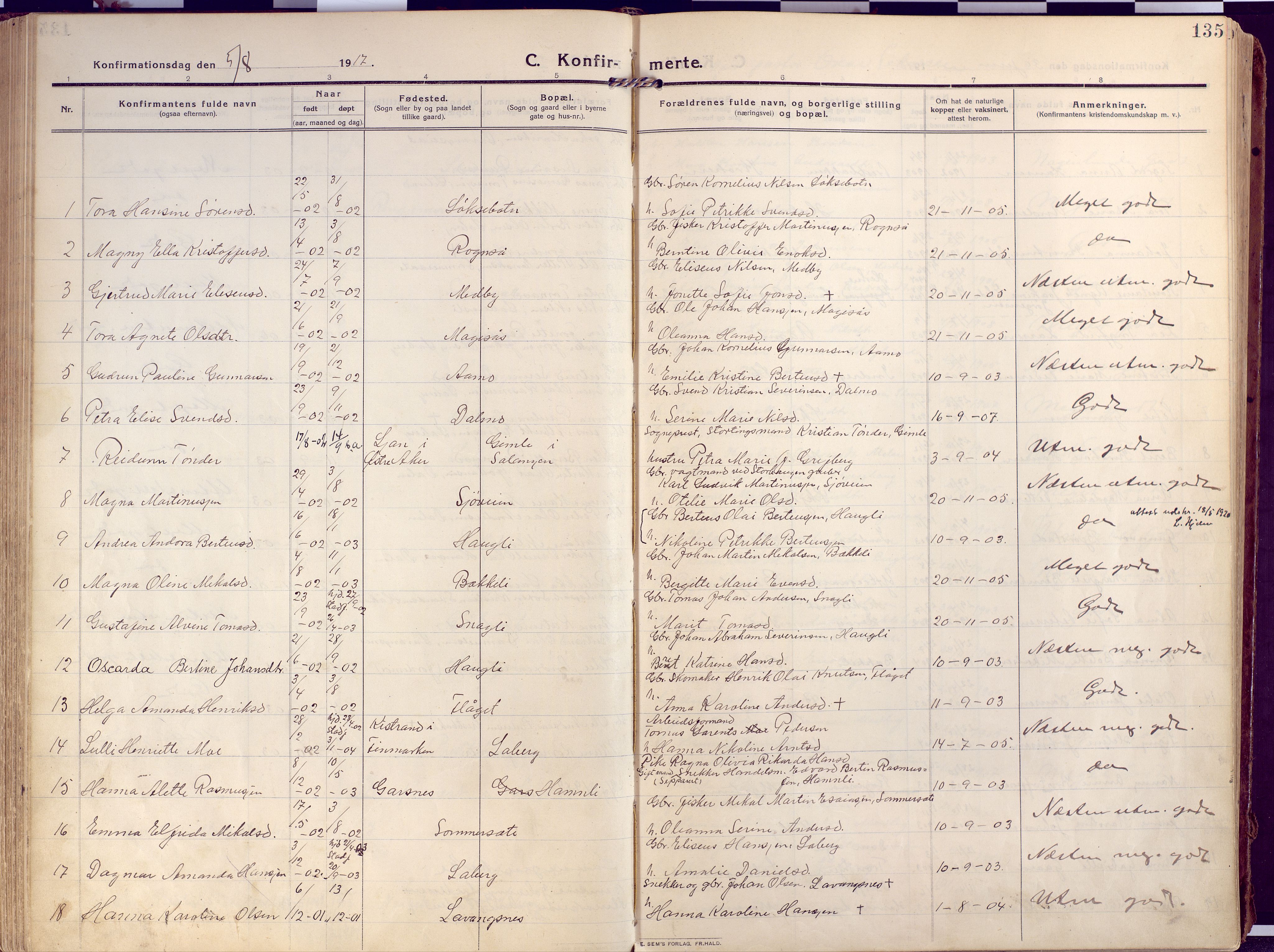 Salangen sokneprestembete, SATØ/S-1324/H/Ha/L0004kirke: Parish register (official) no. 4, 1912-1927, p. 135