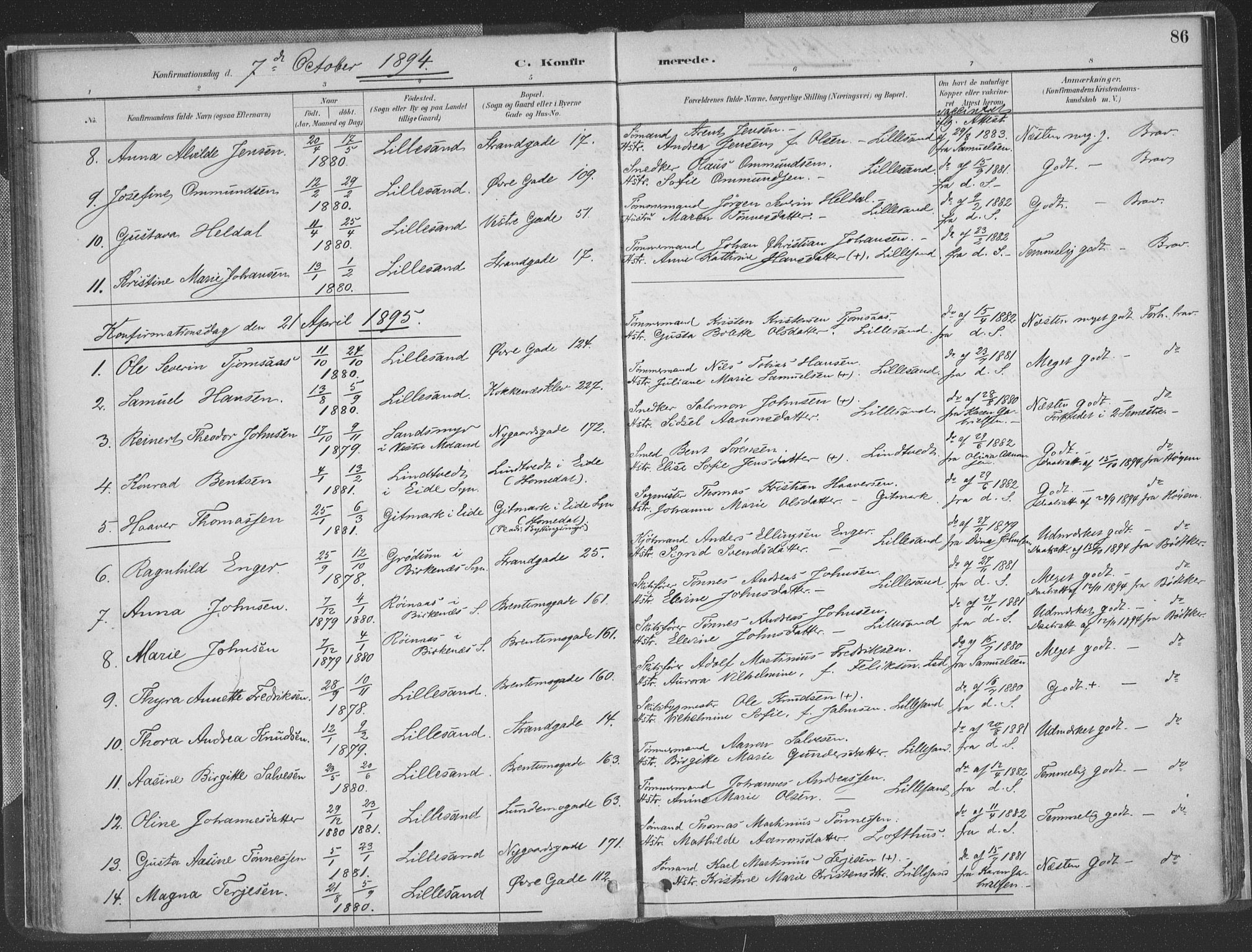 Vestre Moland sokneprestkontor, AV/SAK-1111-0046/F/Fa/Faa/L0001: Parish register (official) no. A 1, 1884-1899, p. 86