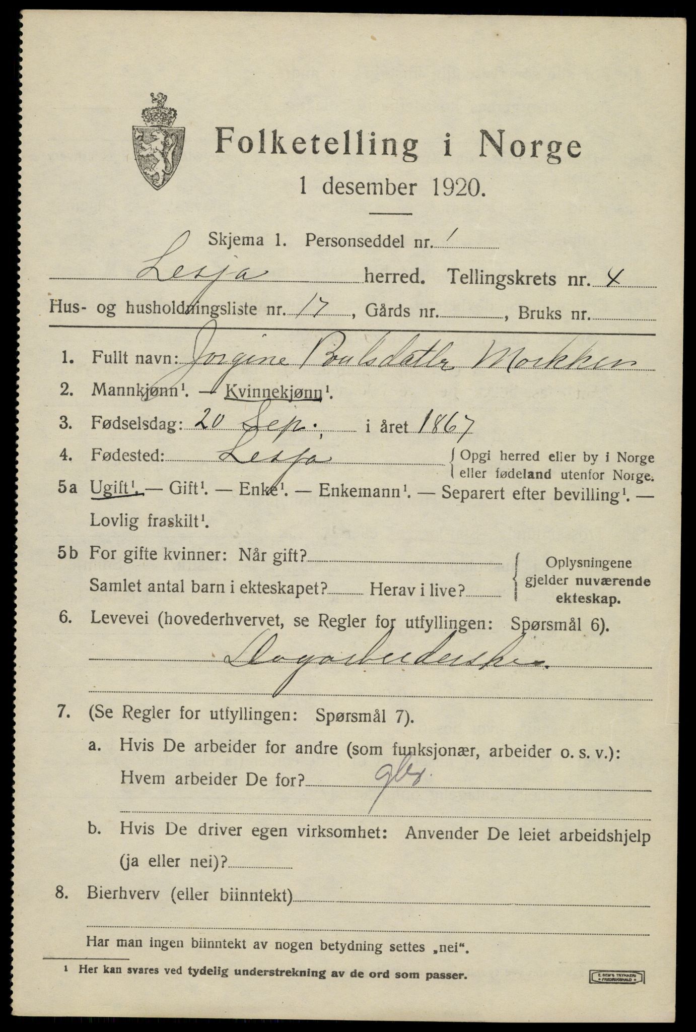 SAH, 1920 census for Lesja, 1920, p. 2796