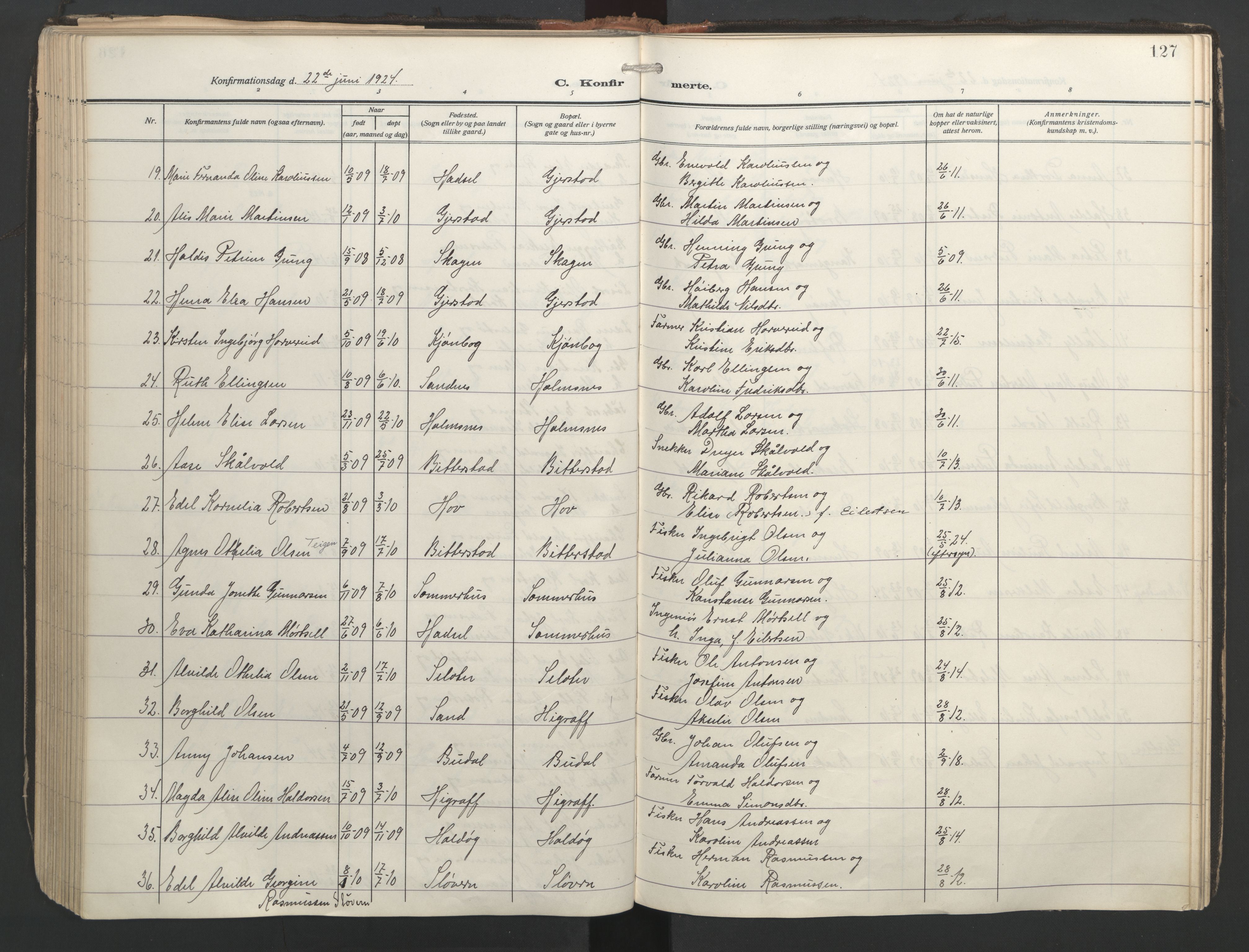 Ministerialprotokoller, klokkerbøker og fødselsregistre - Nordland, AV/SAT-A-1459/888/L1249: Parish register (official) no. 888A15, 1911-1929, p. 127