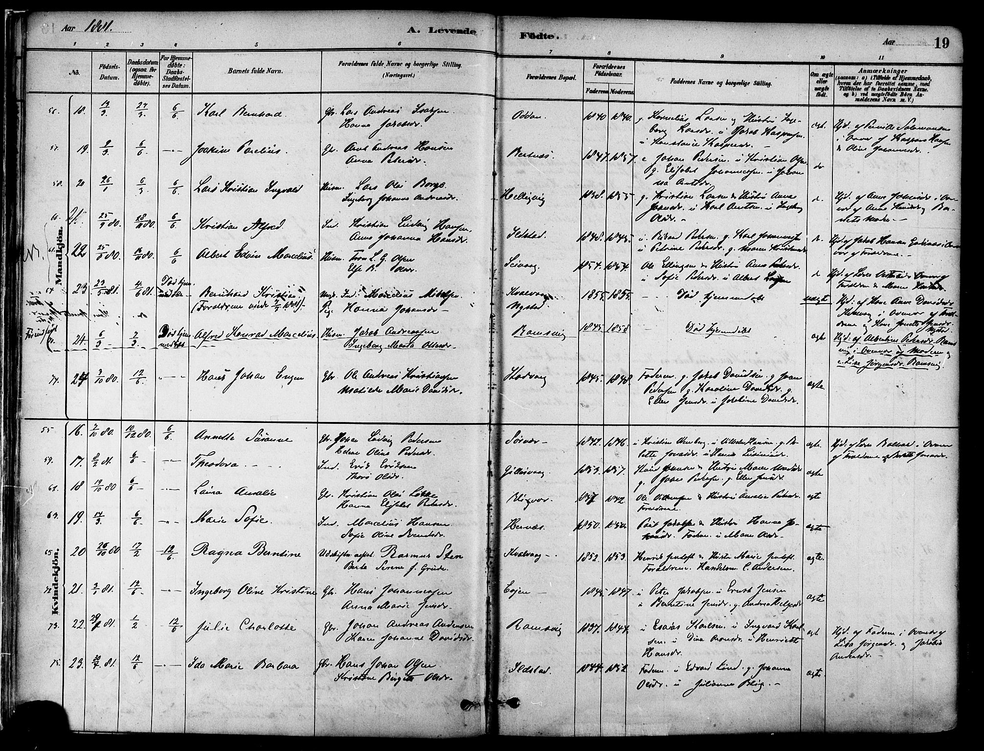 Ministerialprotokoller, klokkerbøker og fødselsregistre - Nordland, SAT/A-1459/802/L0054: Parish register (official) no. 802A01, 1879-1893, p. 19