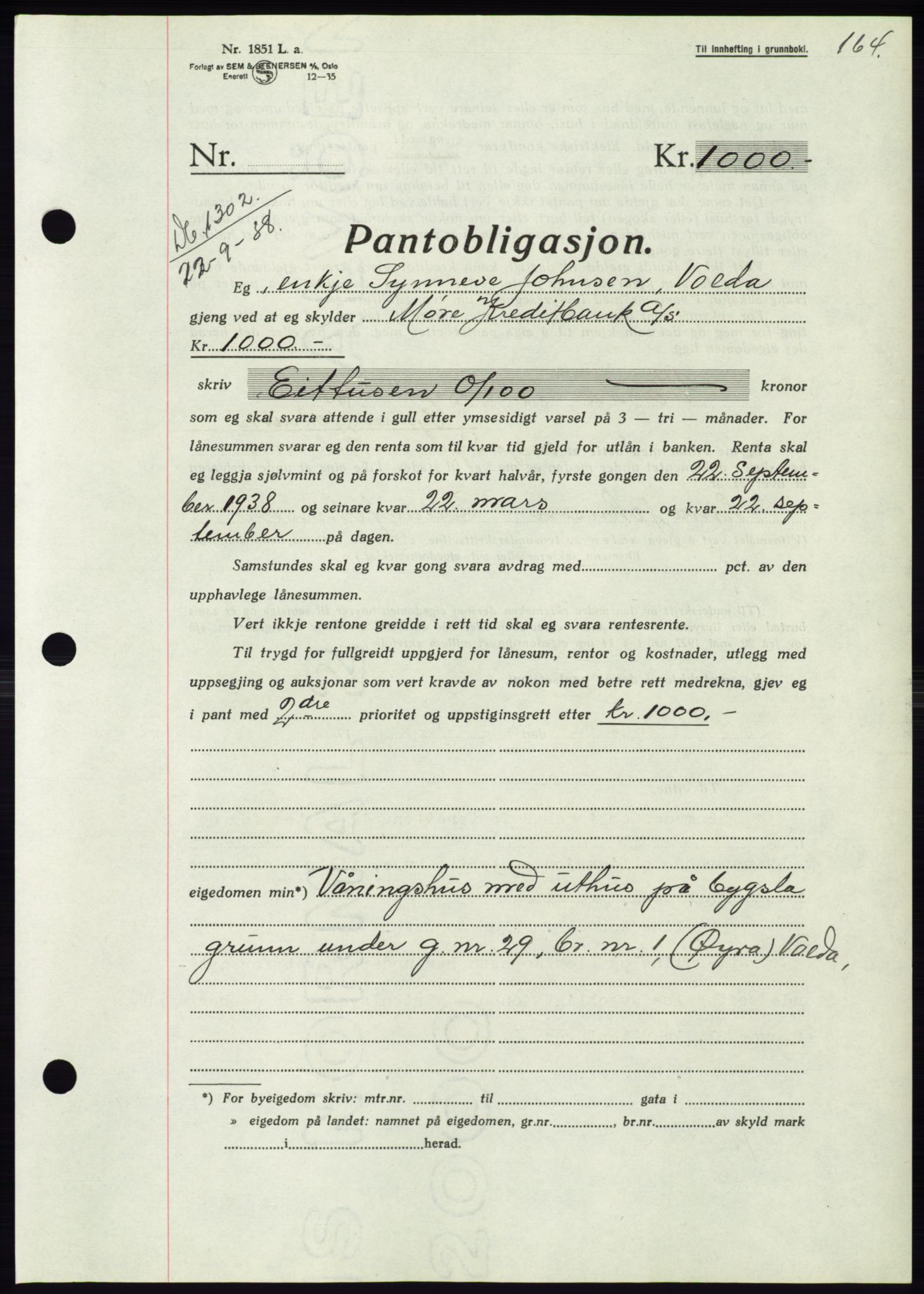 Søre Sunnmøre sorenskriveri, AV/SAT-A-4122/1/2/2C/L0066: Mortgage book no. 60, 1938-1938, Diary no: : 1302/1938