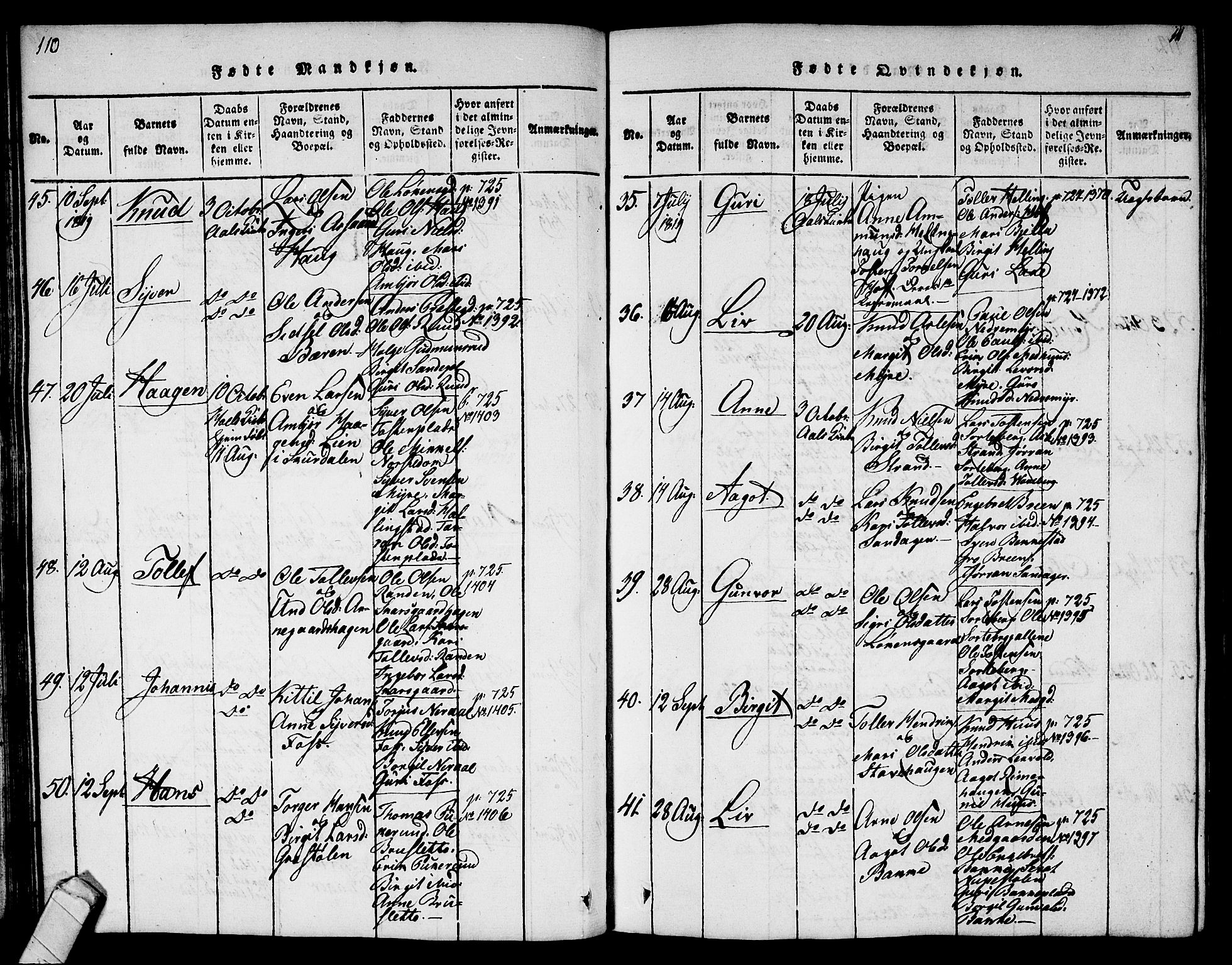 Ål kirkebøker, AV/SAKO-A-249/G/Ga/L0001: Parish register (copy) no. 1, 1815-1829, p. 110-111