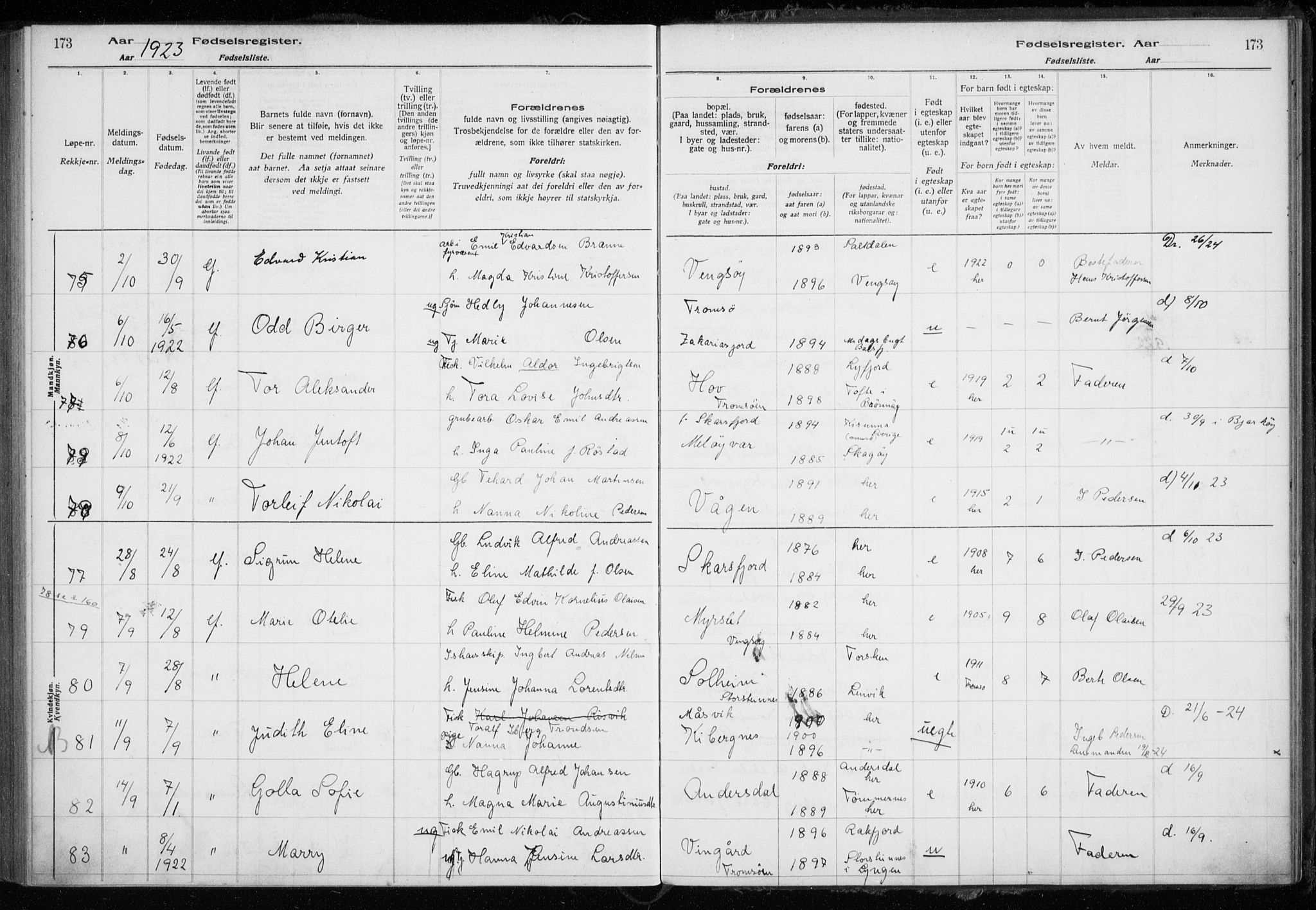 Tromsøysund sokneprestkontor, AV/SATØ-S-1304/H/Ha/L0079: Birth register no. 79, 1916-1924, p. 173