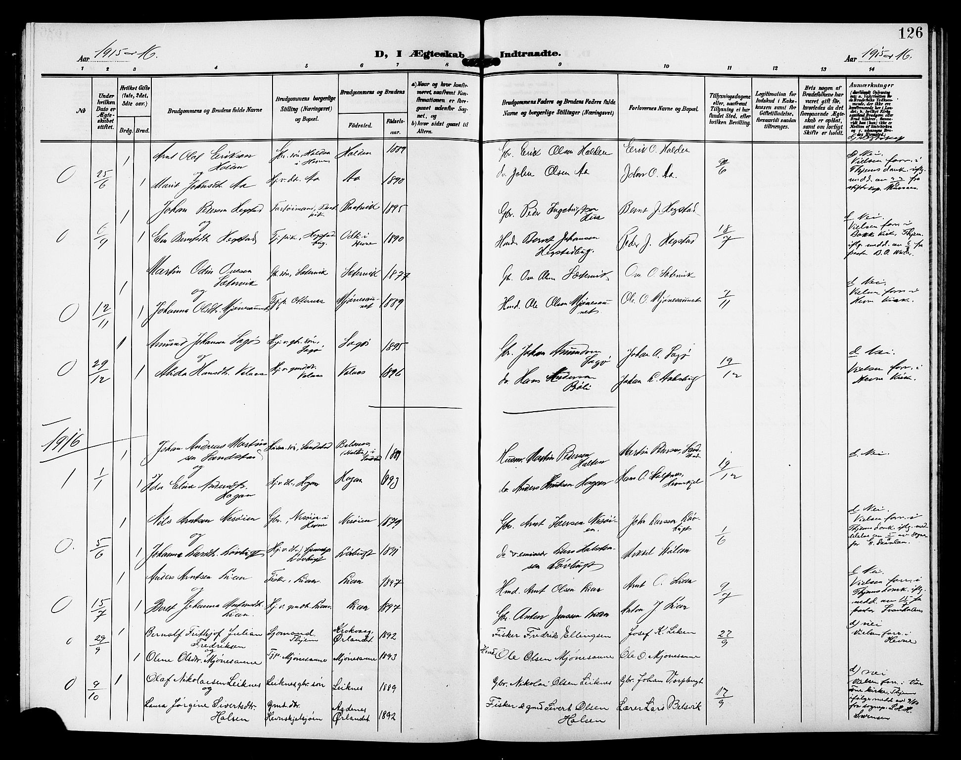 Ministerialprotokoller, klokkerbøker og fødselsregistre - Sør-Trøndelag, SAT/A-1456/633/L0520: Parish register (copy) no. 633C02, 1906-1921, p. 126