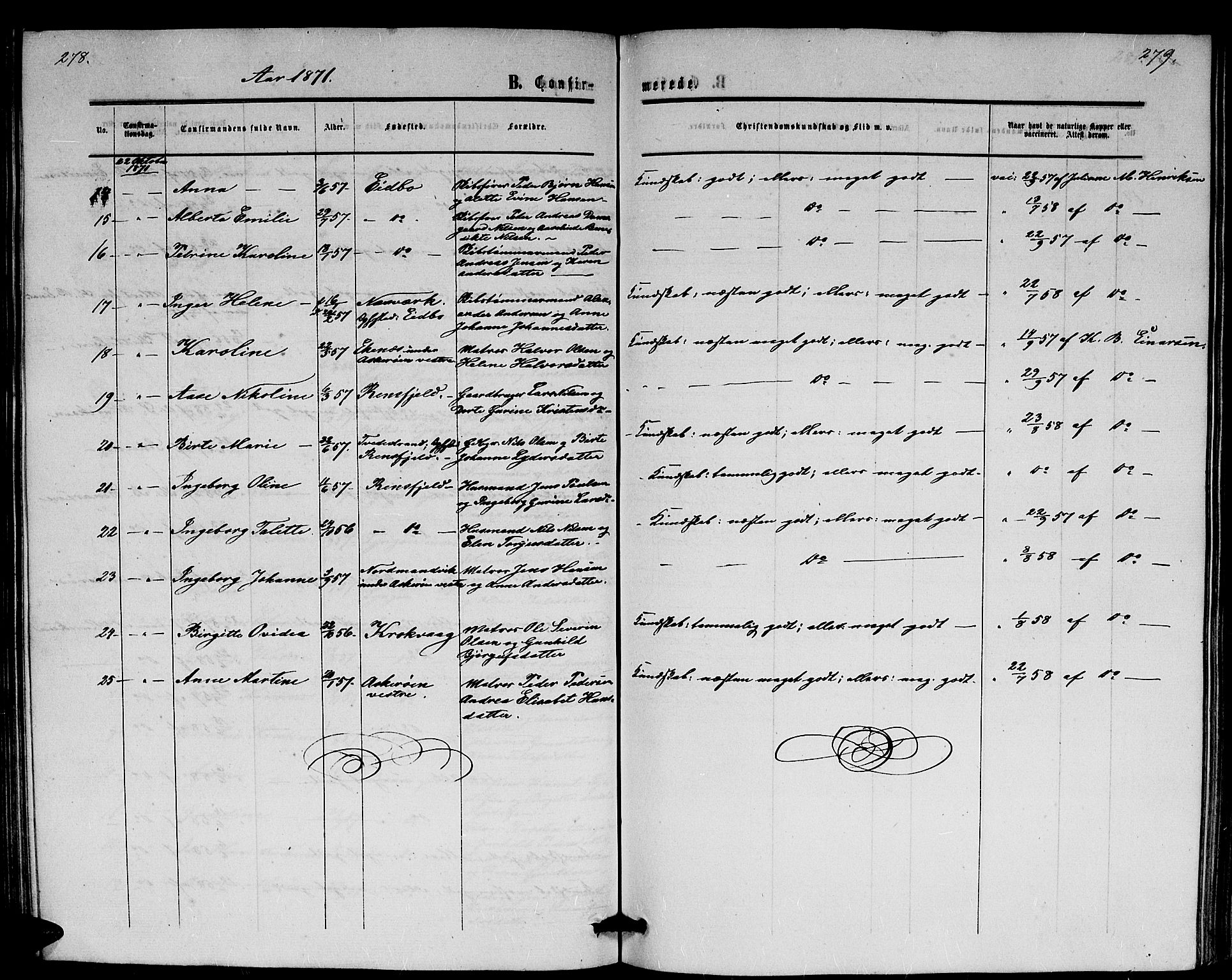 Dypvåg sokneprestkontor, AV/SAK-1111-0007/F/Fb/Fba/L0011: Parish register (copy) no. B 11, 1857-1872, p. 278-279