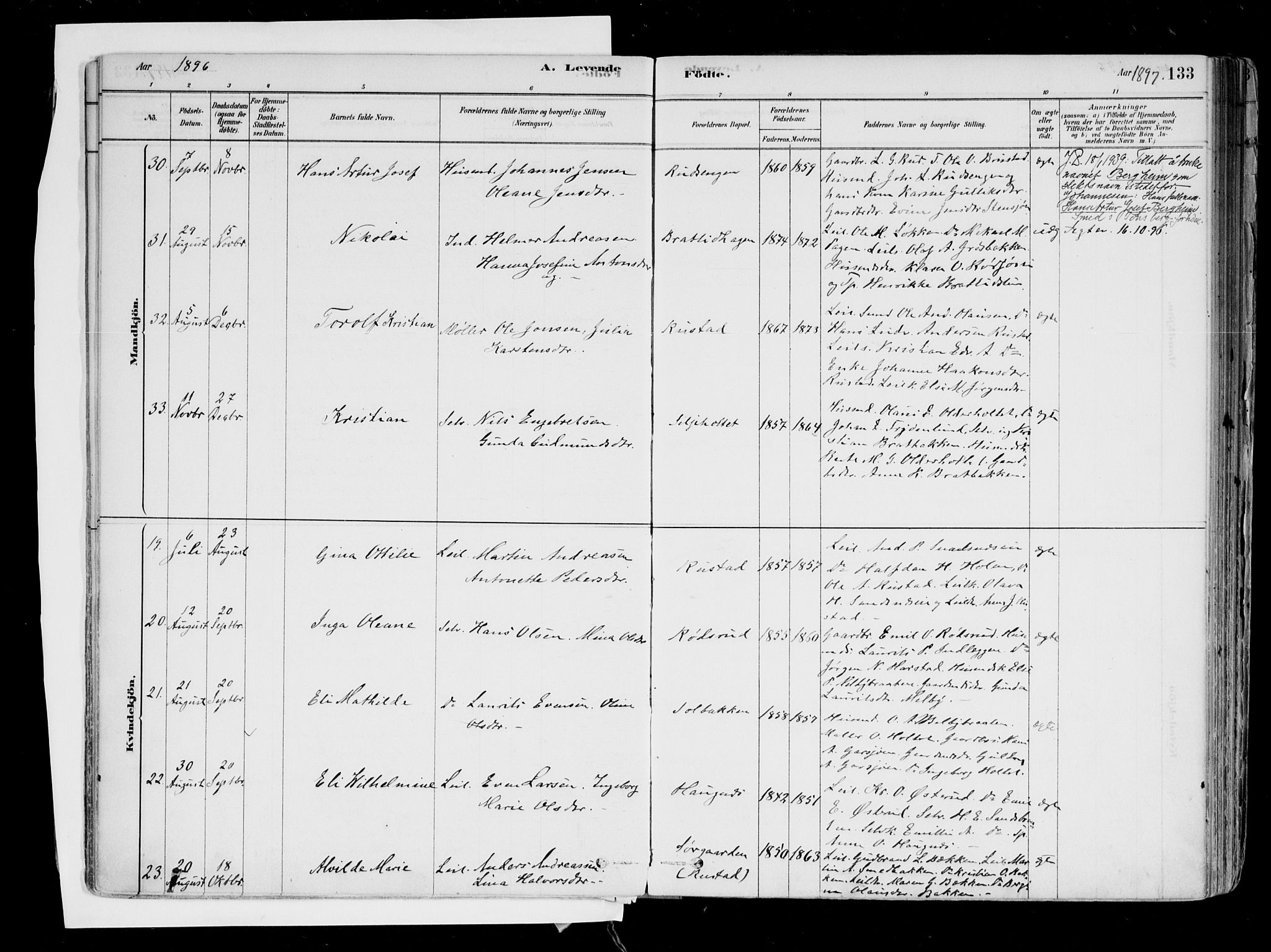 Hurdal prestekontor Kirkebøker, AV/SAO-A-10889/F/Fa/L0007: Parish register (official) no. I 7, 1878-1906, p. 133