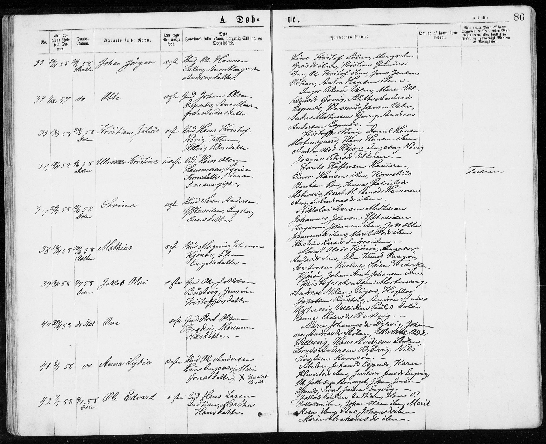 Ministerialprotokoller, klokkerbøker og fødselsregistre - Sør-Trøndelag, AV/SAT-A-1456/640/L0576: Parish register (official) no. 640A01, 1846-1876, p. 86