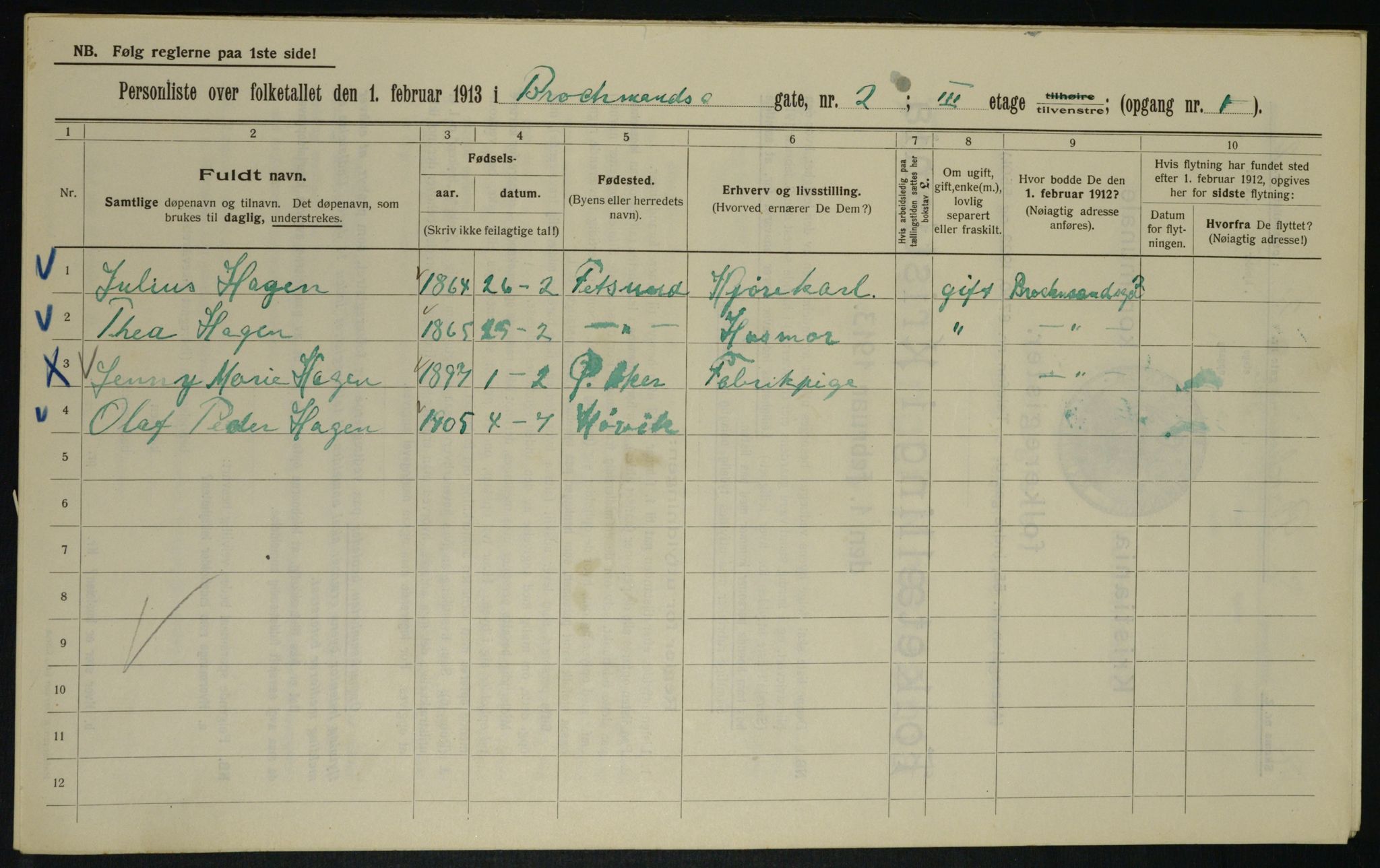 OBA, Municipal Census 1913 for Kristiania, 1913, p. 9543