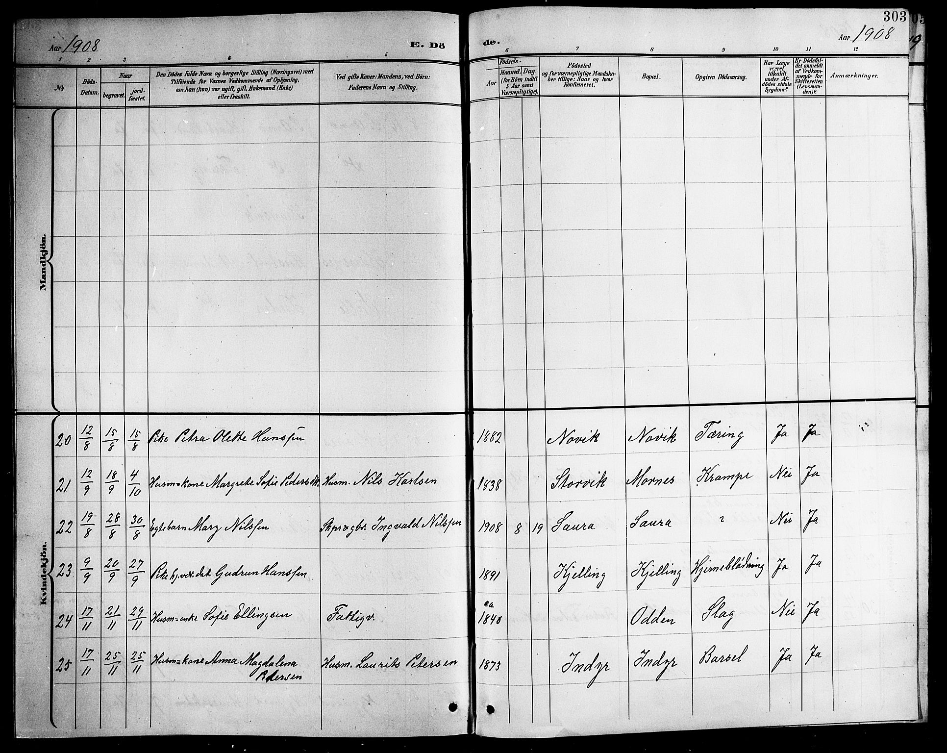 Ministerialprotokoller, klokkerbøker og fødselsregistre - Nordland, AV/SAT-A-1459/805/L0109: Parish register (copy) no. 805C05, 1900-1911, p. 303