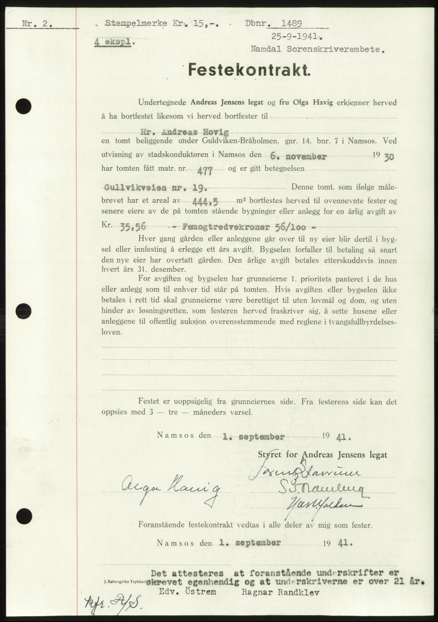 Namdal sorenskriveri, SAT/A-4133/1/2/2C: Mortgage book no. -, 1941-1942, Diary no: : 1489/1941