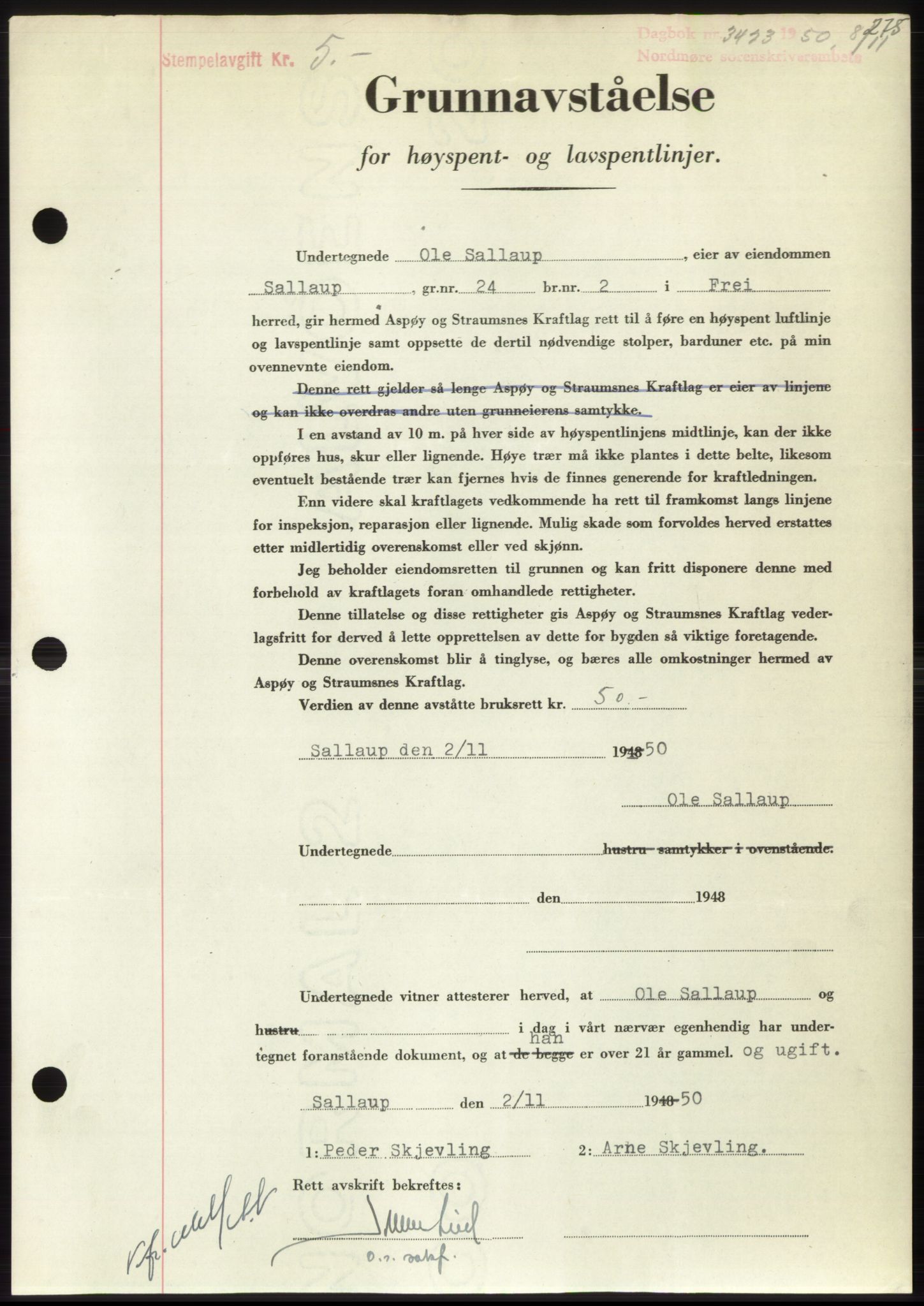 Nordmøre sorenskriveri, AV/SAT-A-4132/1/2/2Ca: Mortgage book no. B106, 1950-1950, Diary no: : 3423/1950