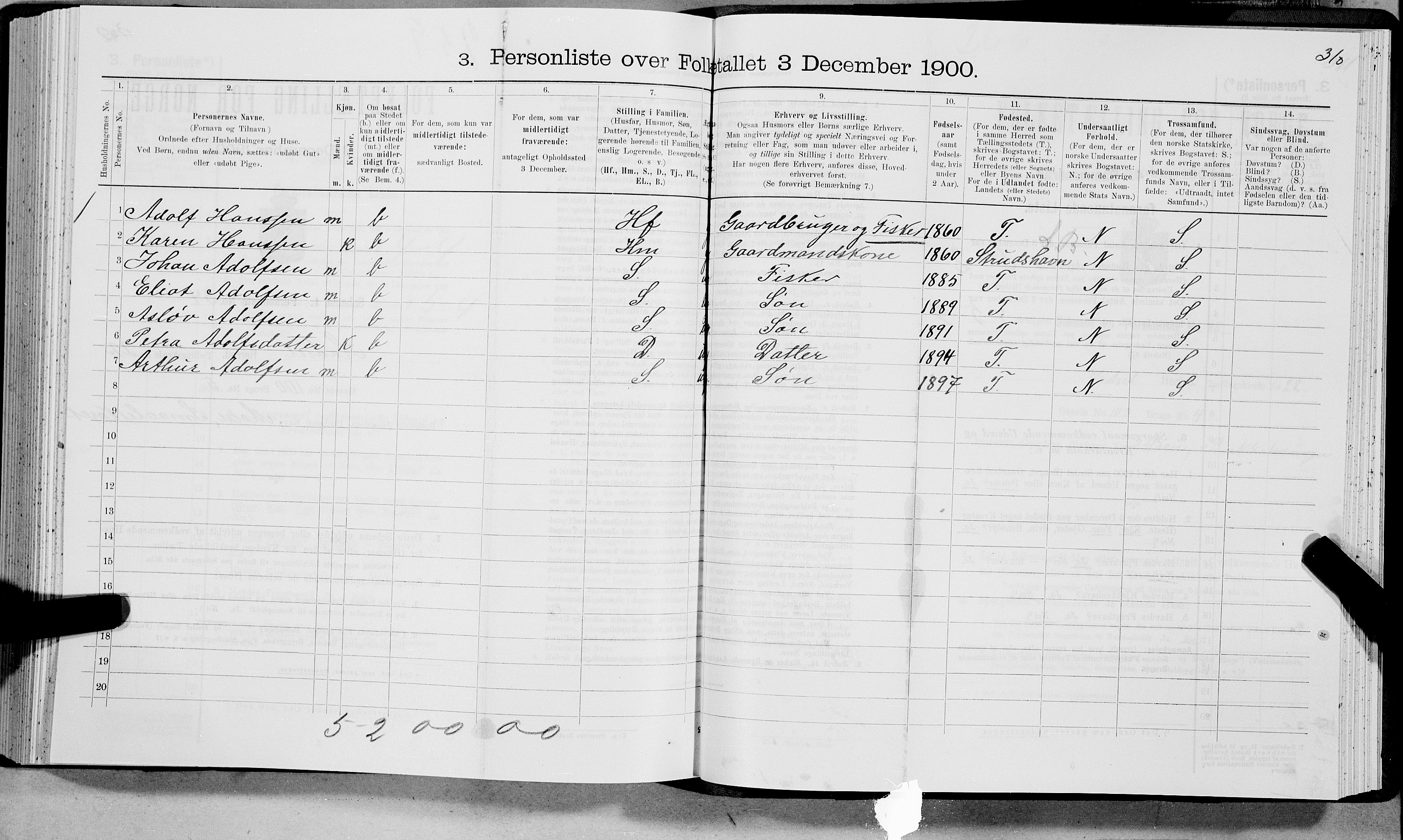 SAT, 1900 census for Hadsel, 1900, p. 2205