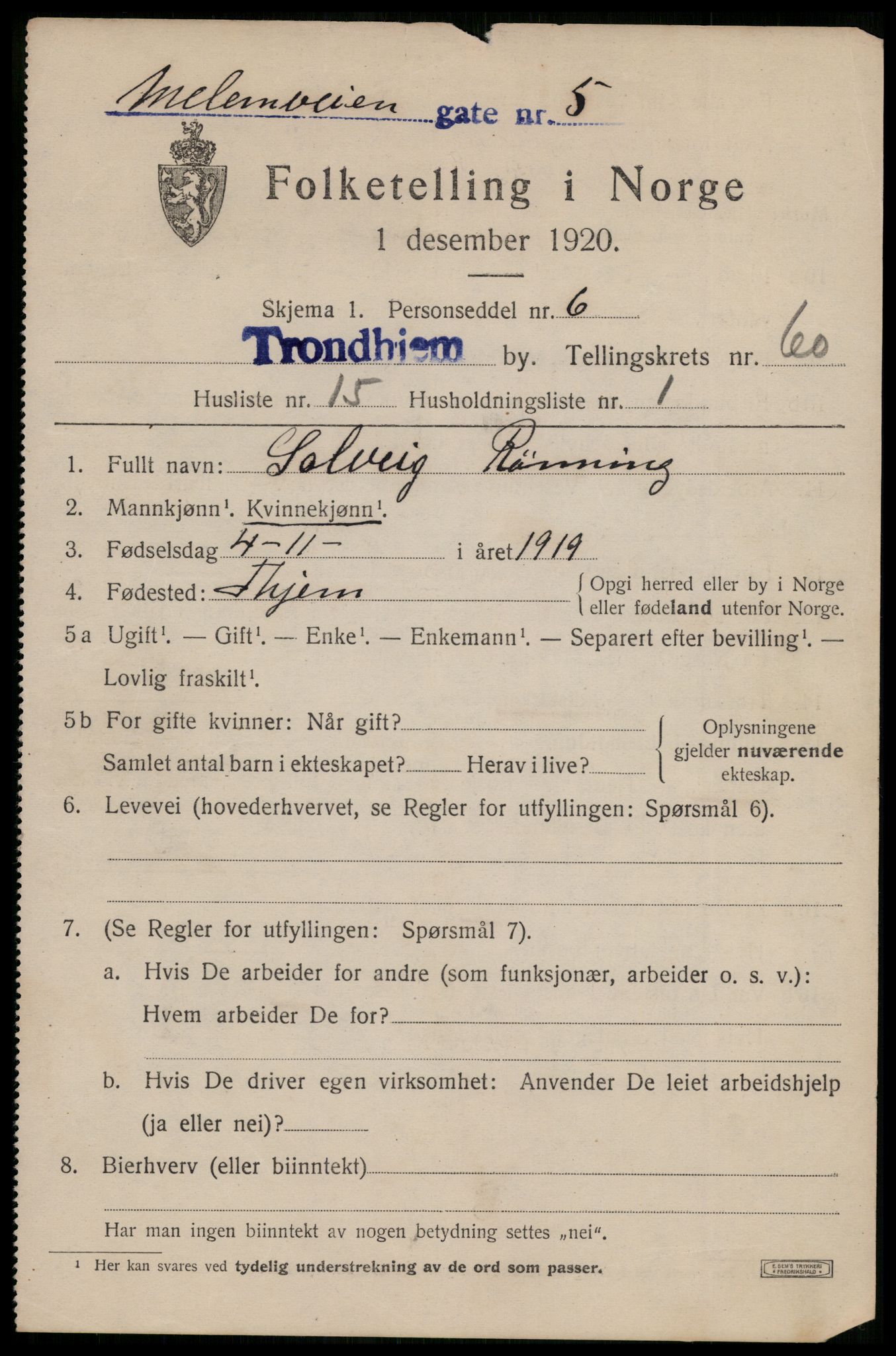 SAT, 1920 census for Trondheim, 1920, p. 122244