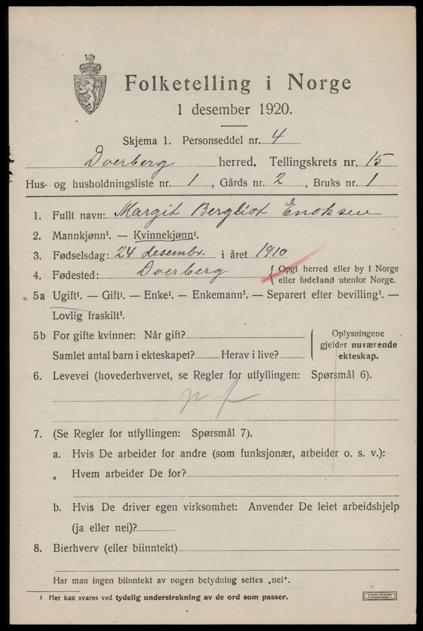 SAT, 1920 census for Dverberg, 1920, p. 10998