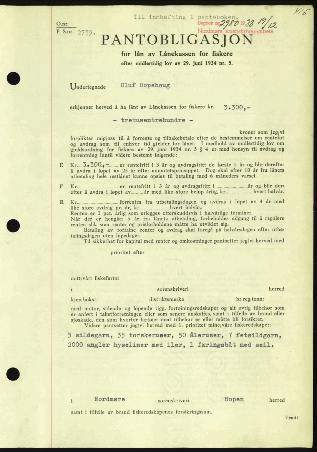 Nordmøre sorenskriveri, AV/SAT-A-4132/1/2/2Ca: Mortgage book no. B84, 1938-1939, Diary no: : 2980/1938