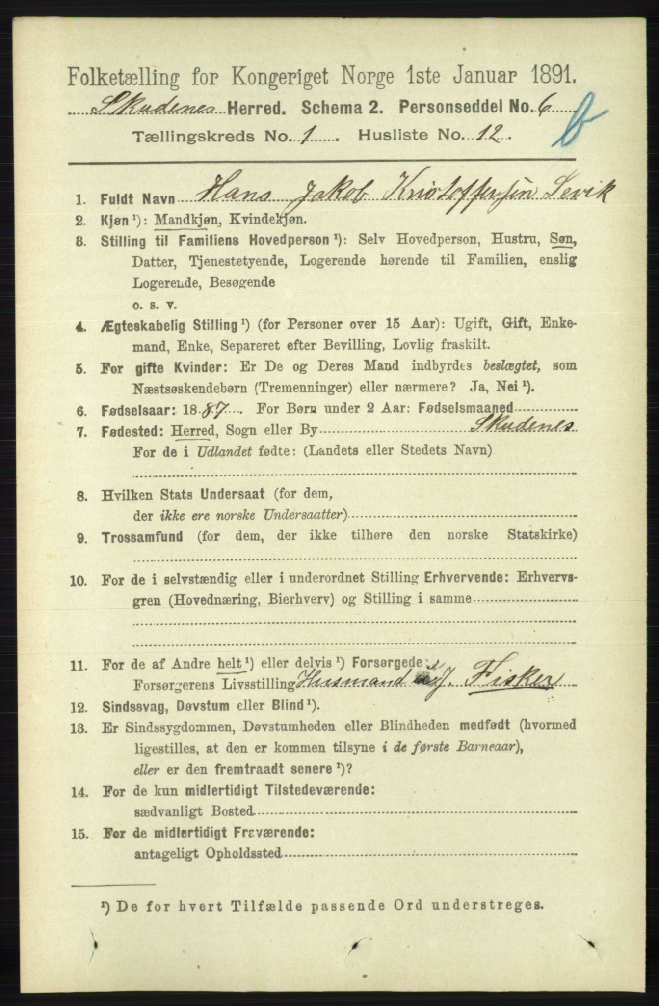 RA, 1891 census for 1150 Skudenes, 1891, p. 3470
