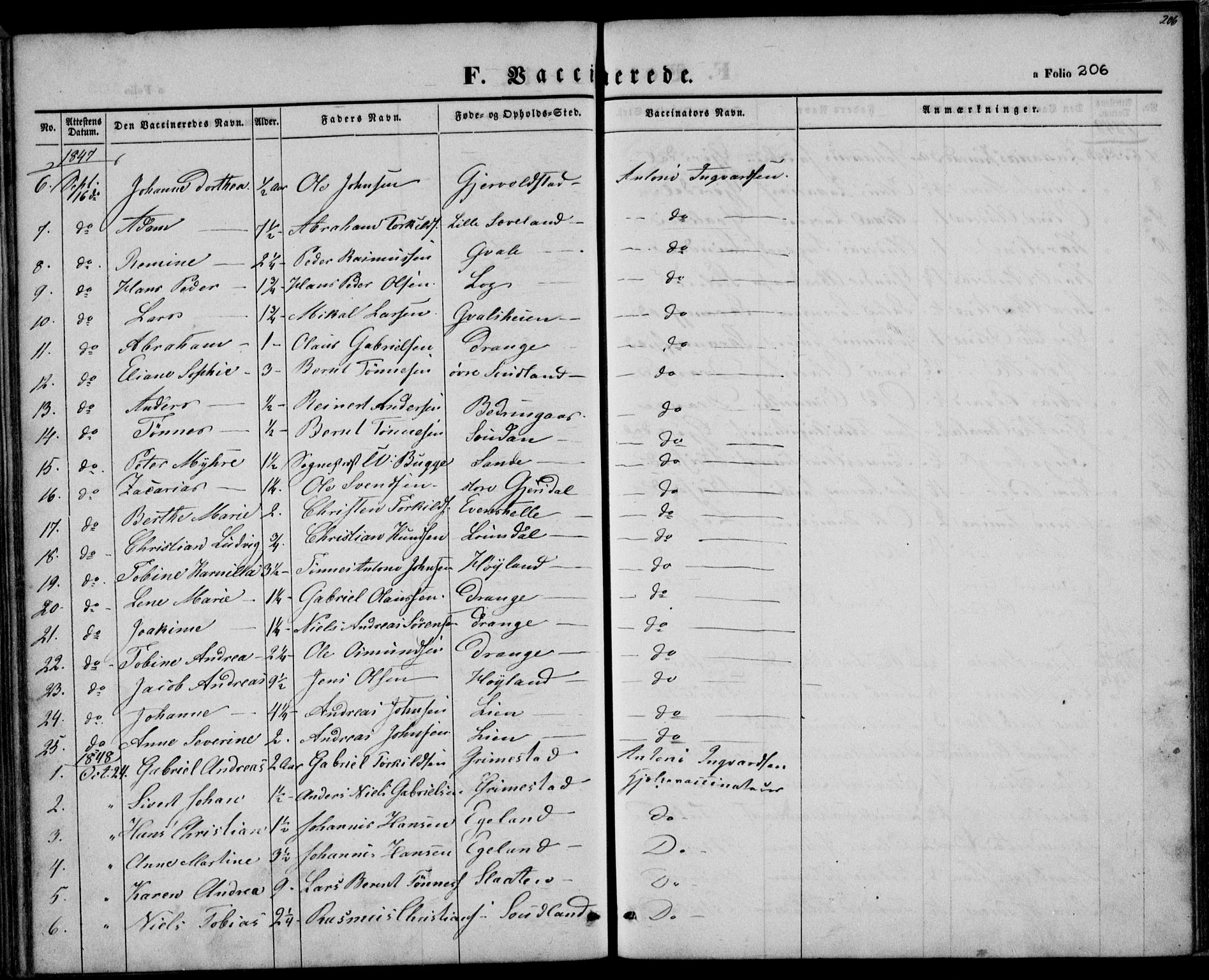 Herad sokneprestkontor, SAK/1111-0018/F/Fa/Faa/L0004: Parish register (official) no. A 4, 1844-1853, p. 206