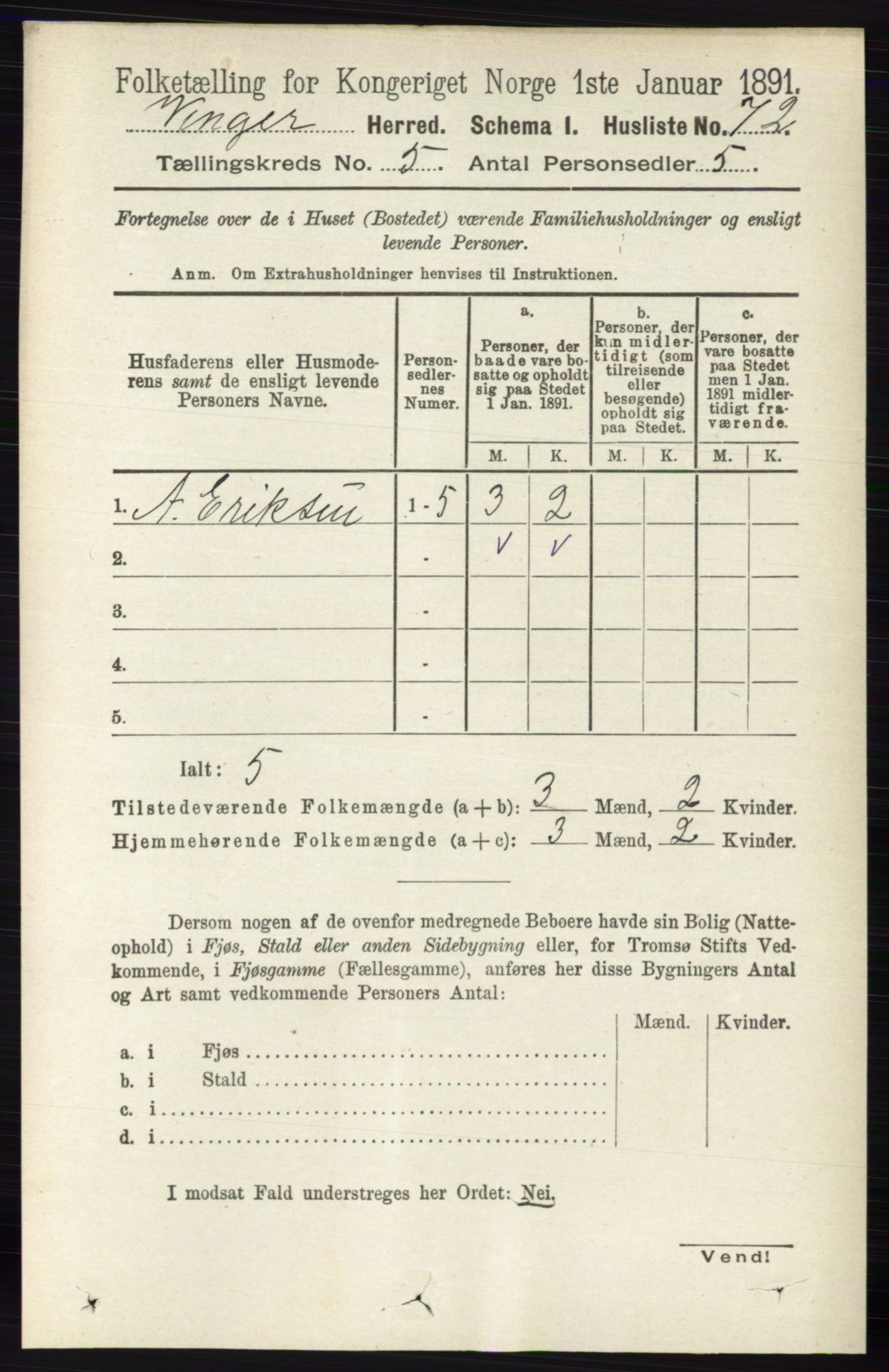 RA, 1891 census for 0421 Vinger, 1891, p. 2039