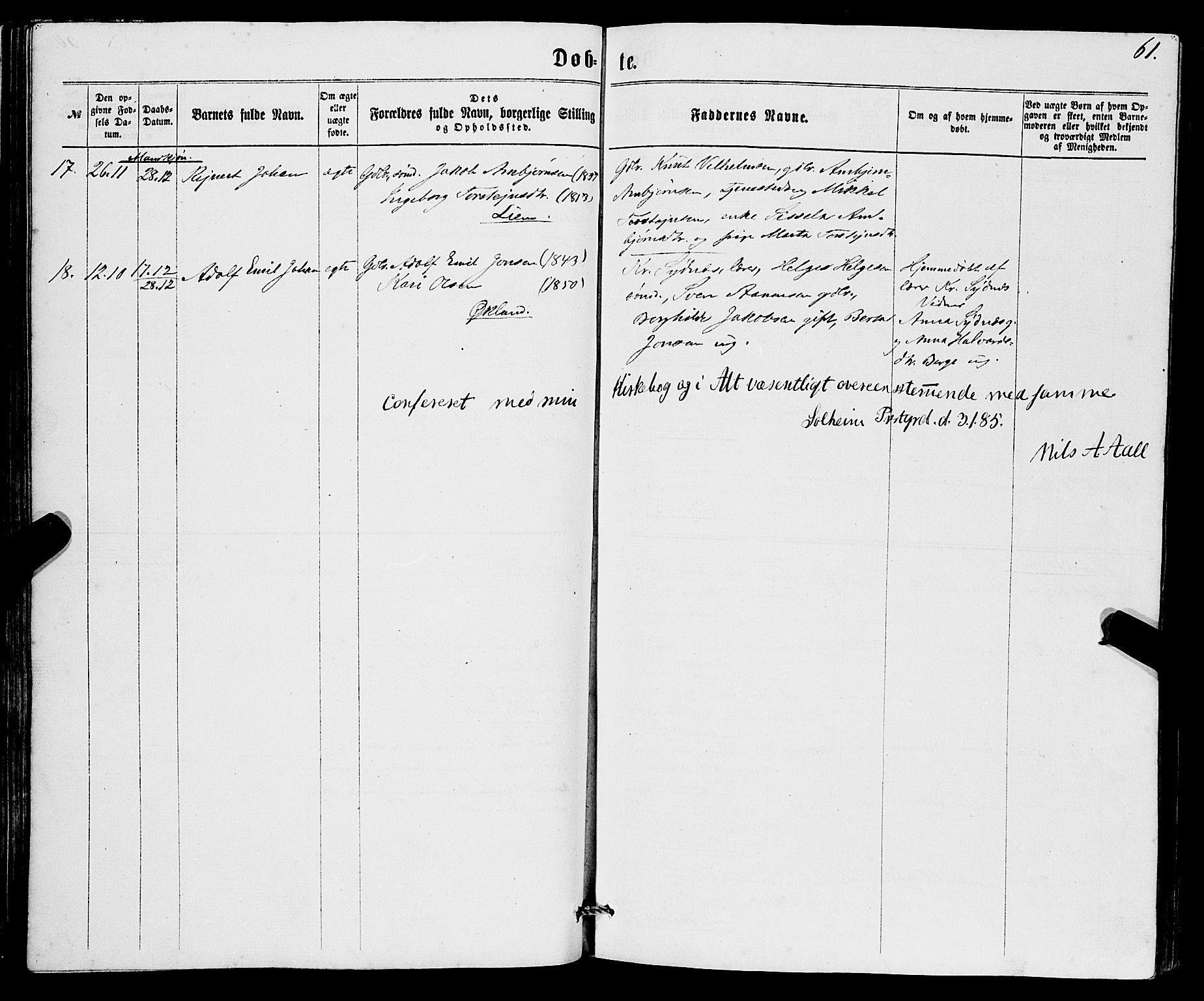 Sveio Sokneprestembete, AV/SAB-A-78501/H/Hab: Parish register (copy) no. B 1, 1864-1886, p. 61