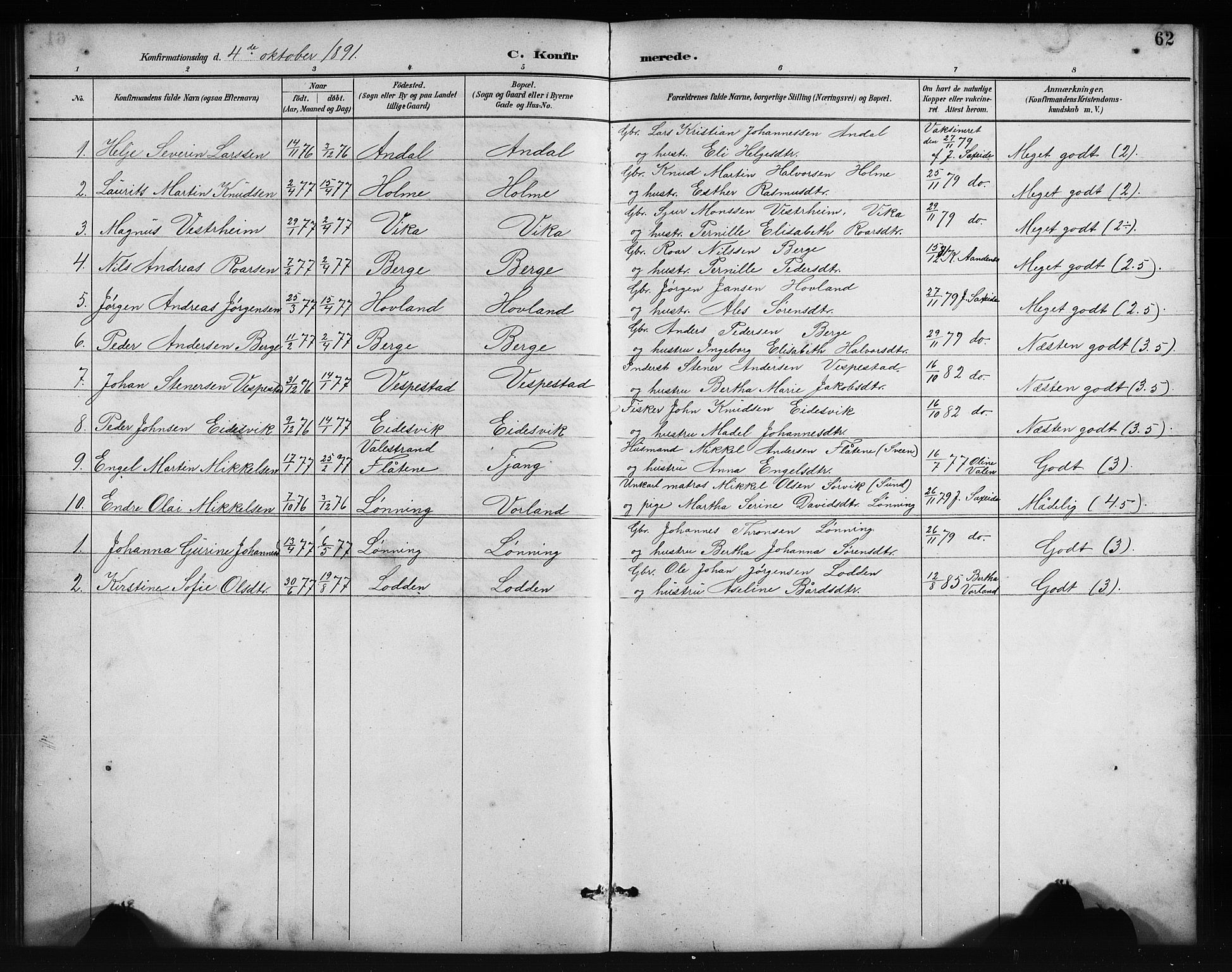 Finnås sokneprestembete, SAB/A-99925/H/Ha/Hab/Habc/L0002: Parish register (copy) no. C 2, 1887-1906, p. 62