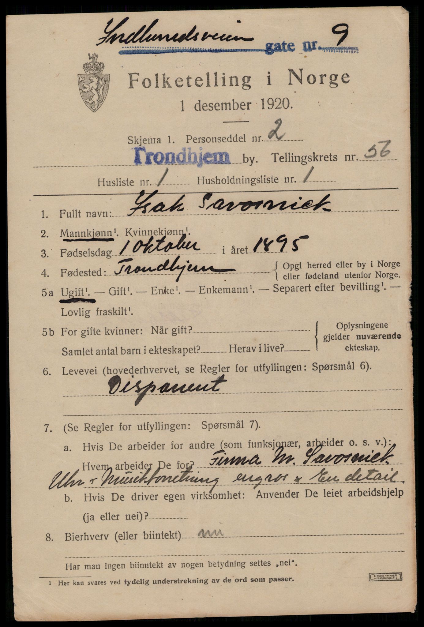 SAT, 1920 census for Trondheim, 1920, p. 113468