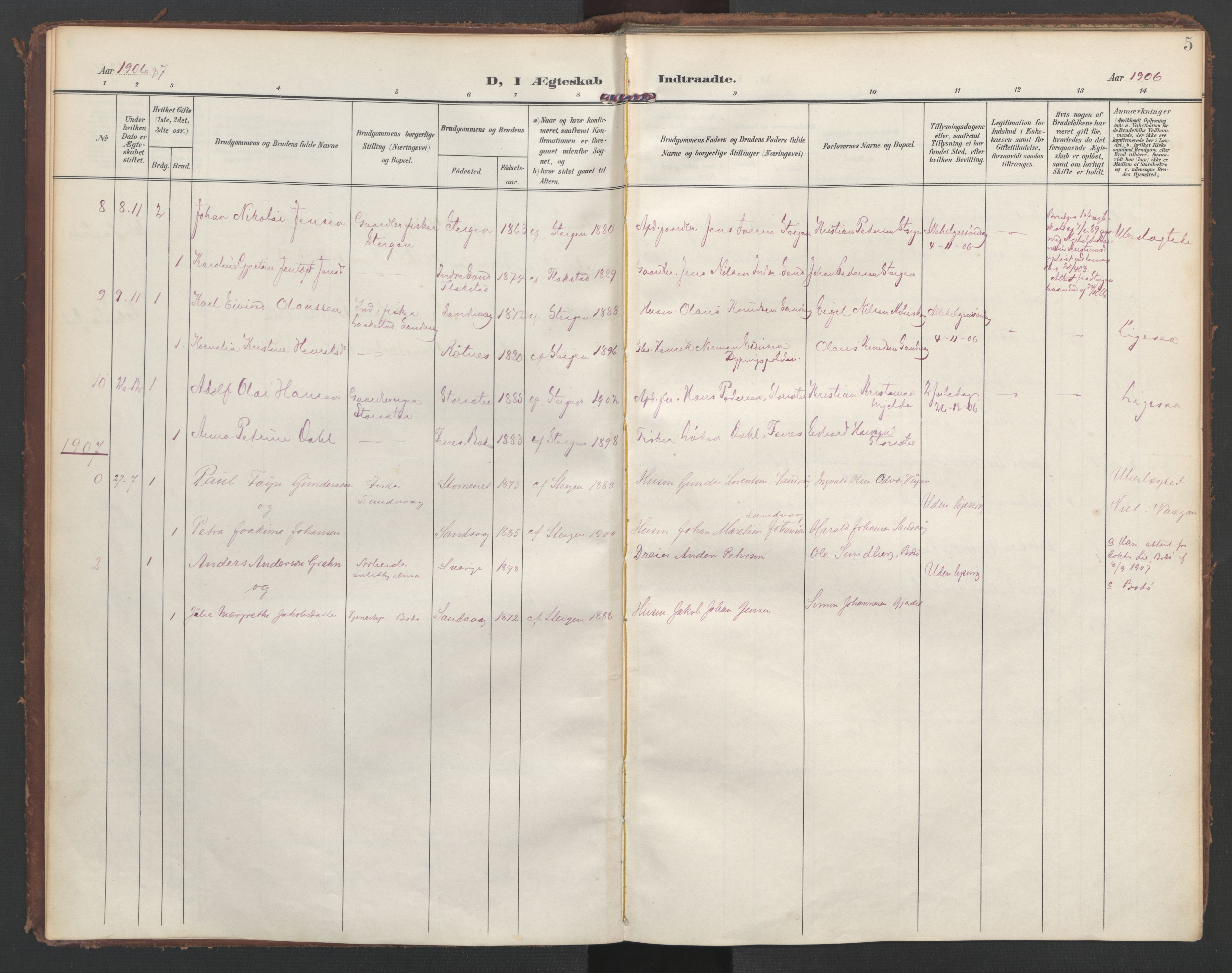 Ministerialprotokoller, klokkerbøker og fødselsregistre - Nordland, AV/SAT-A-1459/855/L0806: Parish register (official) no. 855A14, 1906-1922, p. 5