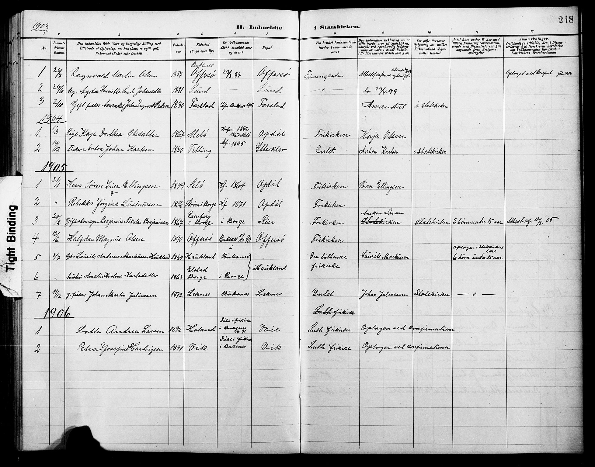 Ministerialprotokoller, klokkerbøker og fødselsregistre - Nordland, AV/SAT-A-1459/881/L1168: Parish register (copy) no. 881C05, 1900-1911, p. 218