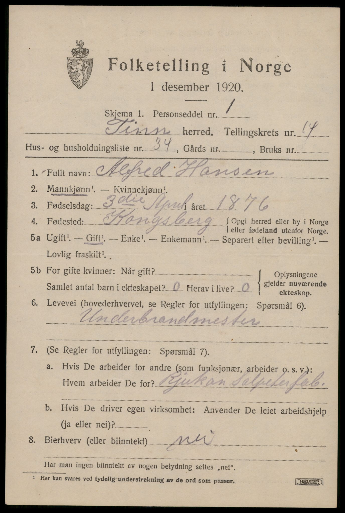 SAKO, 1920 census for Tinn, 1920, p. 9634