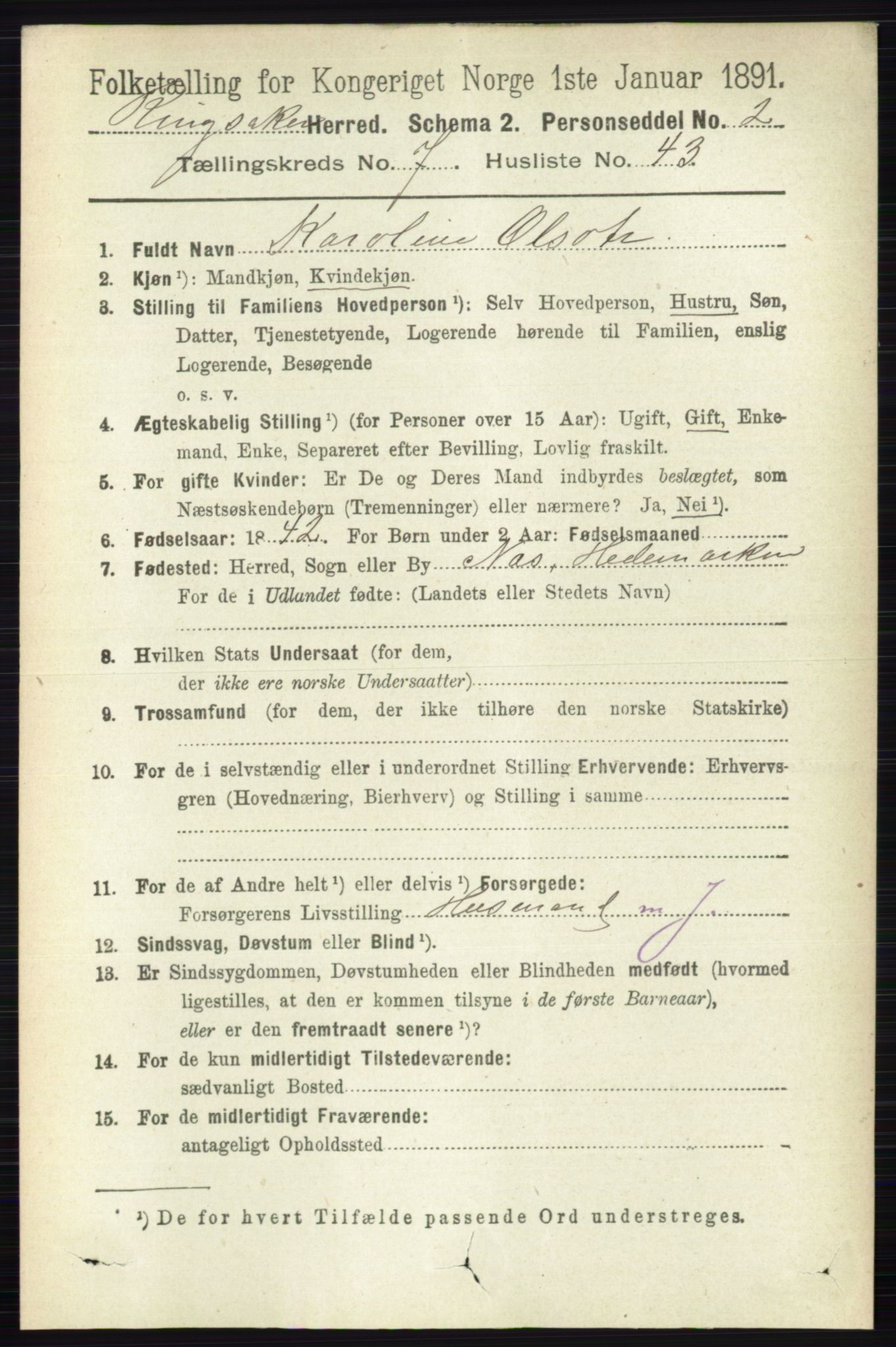 RA, 1891 census for 0412 Ringsaker, 1891, p. 4185