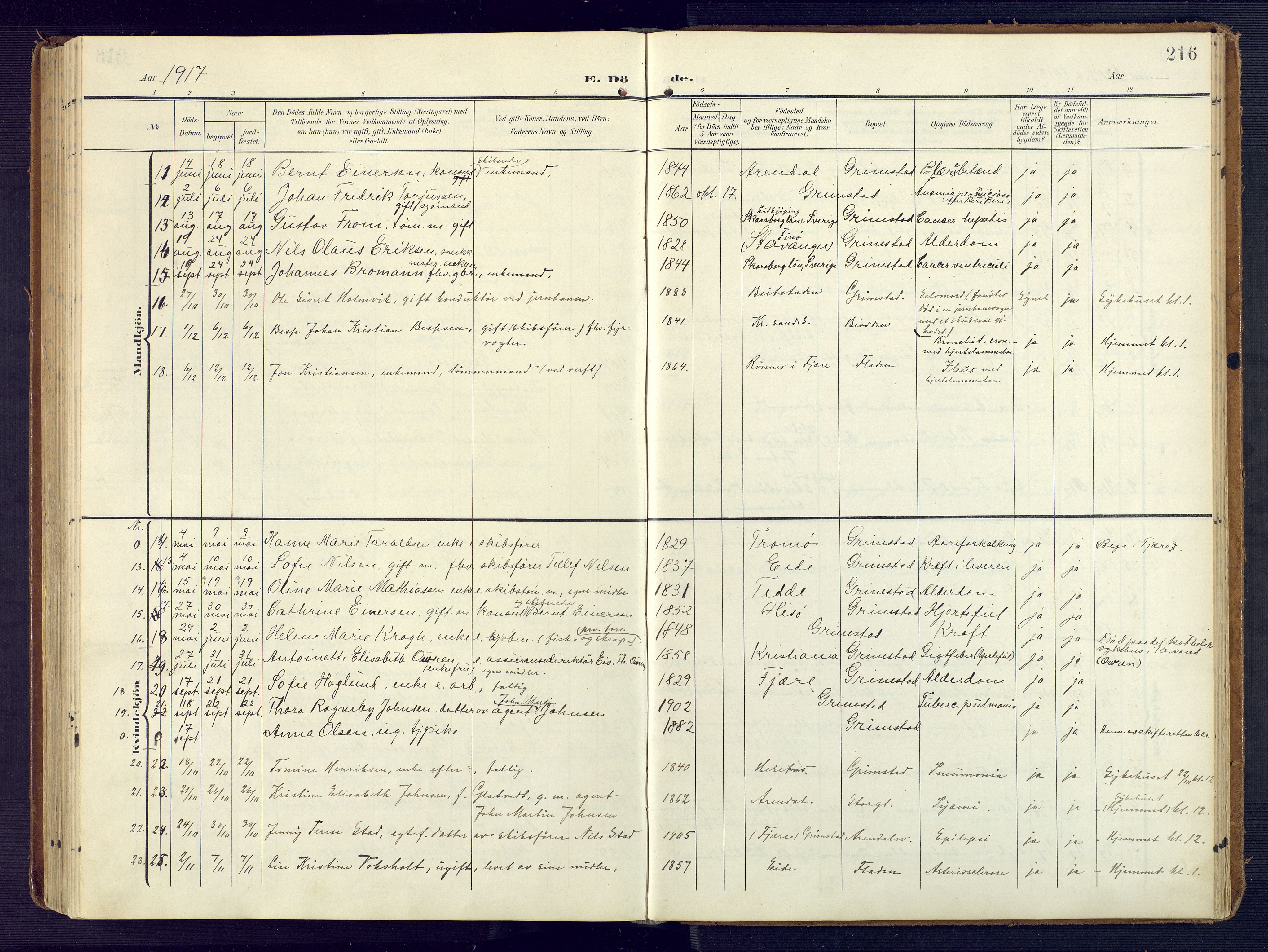 Grimstad sokneprestkontor, AV/SAK-1111-0017/F/Fa/L0005: Parish register (official) no. A 4, 1911-1924, p. 216