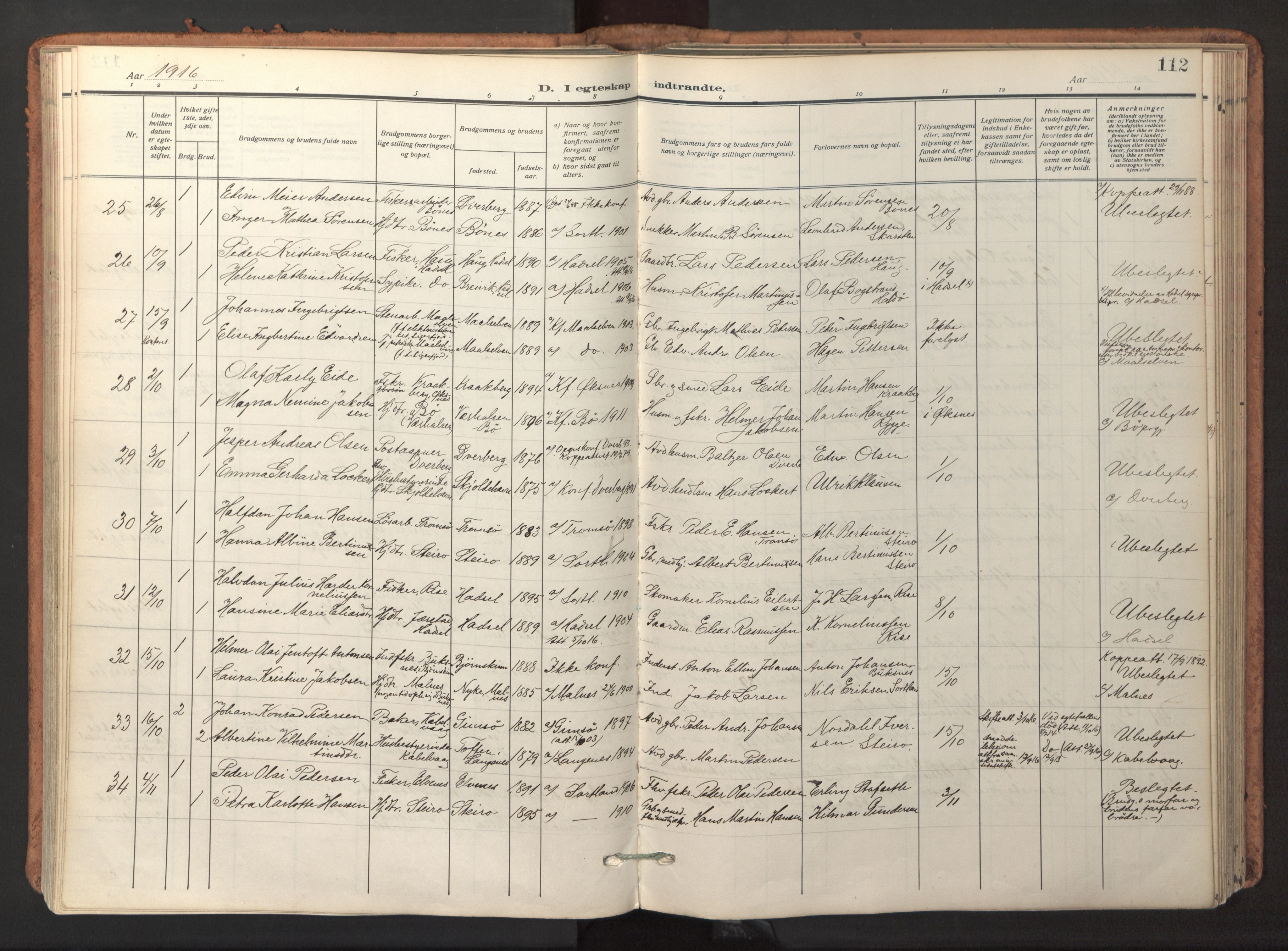 Ministerialprotokoller, klokkerbøker og fødselsregistre - Nordland, AV/SAT-A-1459/895/L1374: Parish register (official) no. 895A09, 1915-1925, p. 112