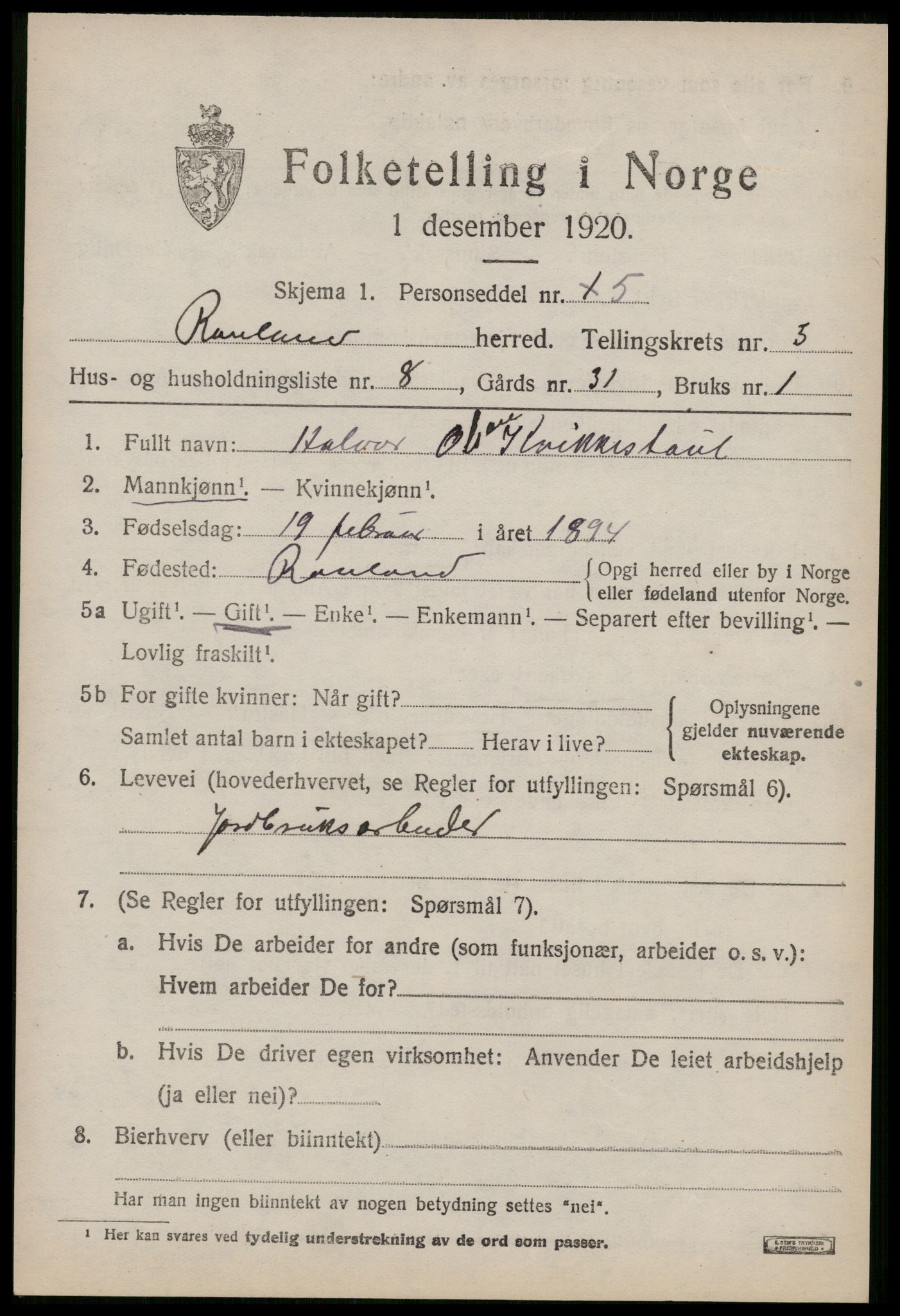 SAKO, 1920 census for Rauland, 1920, p. 798