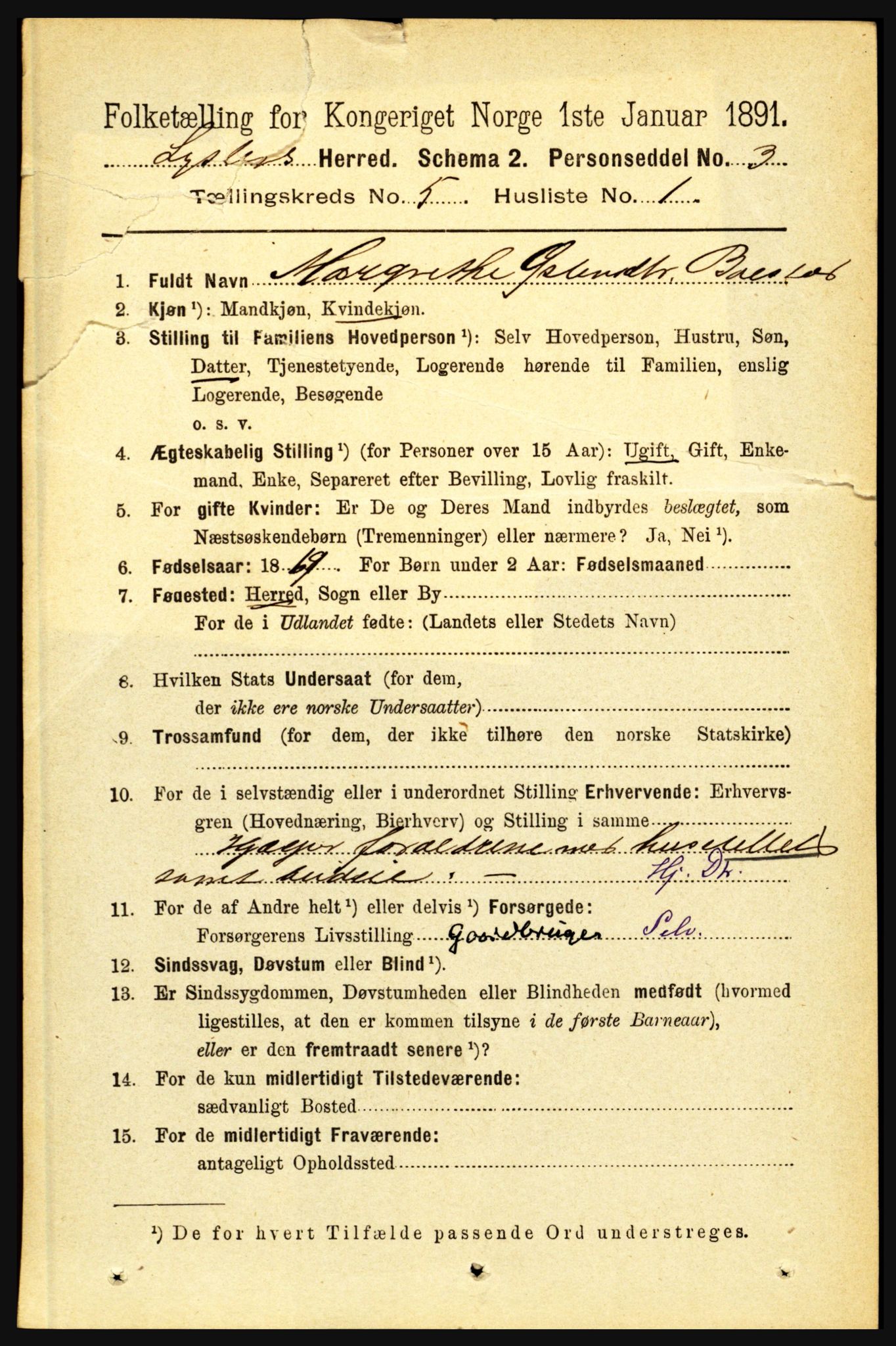 RA, 1891 census for 1426 Luster, 1891, p. 1592