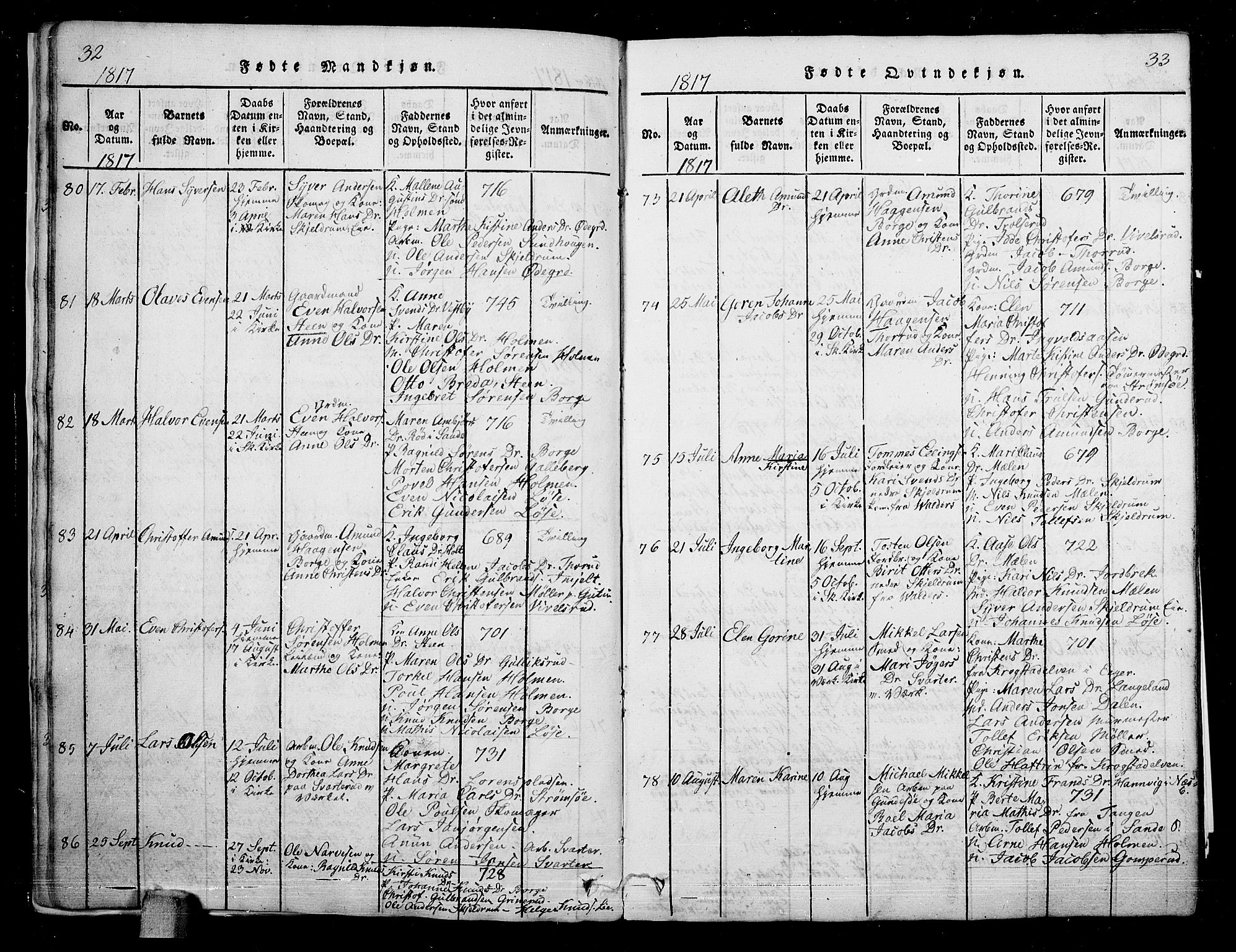 Skoger kirkebøker, AV/SAKO-A-59/G/Ga/L0001: Parish register (copy) no. I 1, 1814-1845, p. 32-33