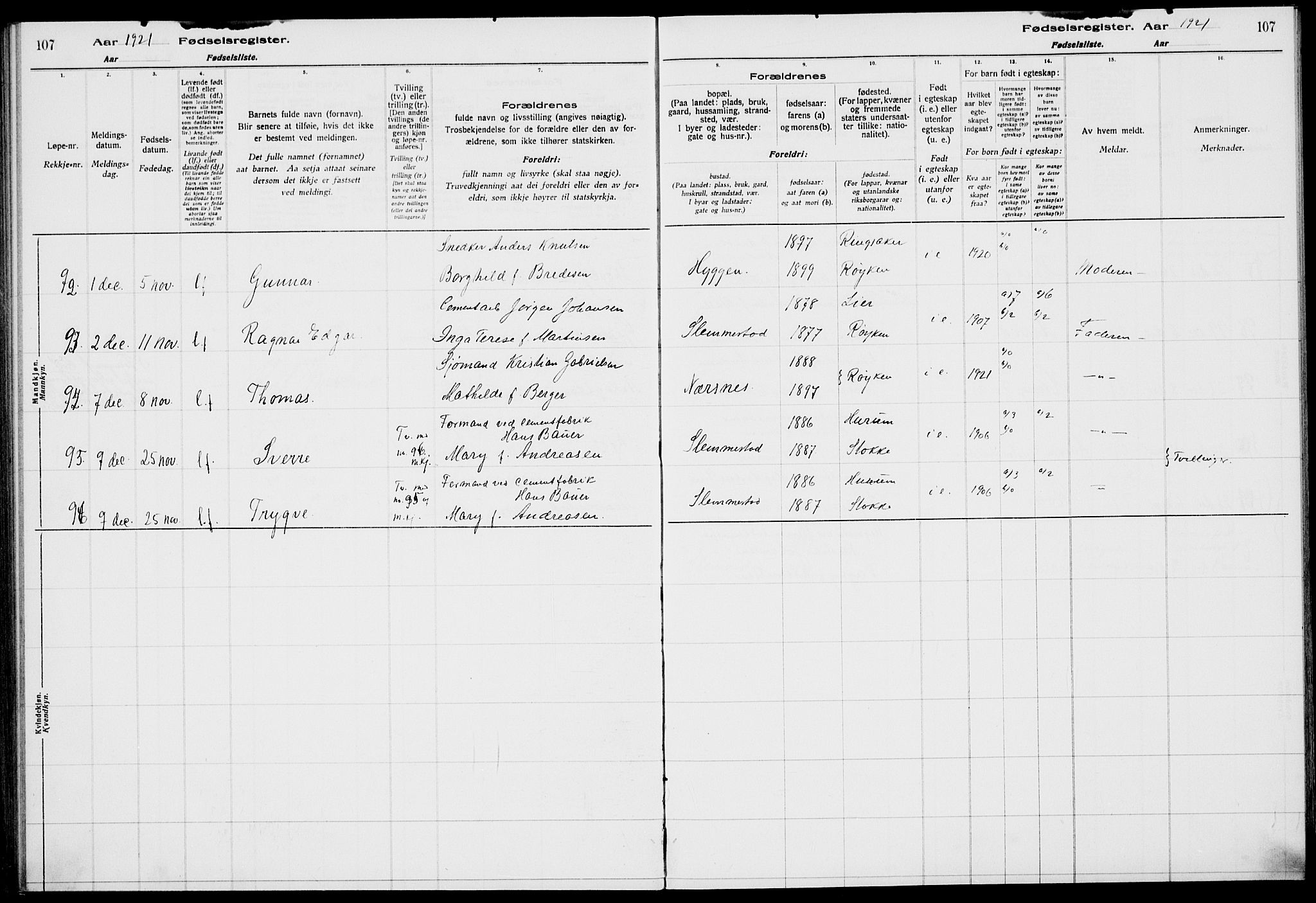 Røyken kirkebøker, AV/SAKO-A-241/J/Ja/L0001: Birth register no. 1, 1916-1927, p. 107