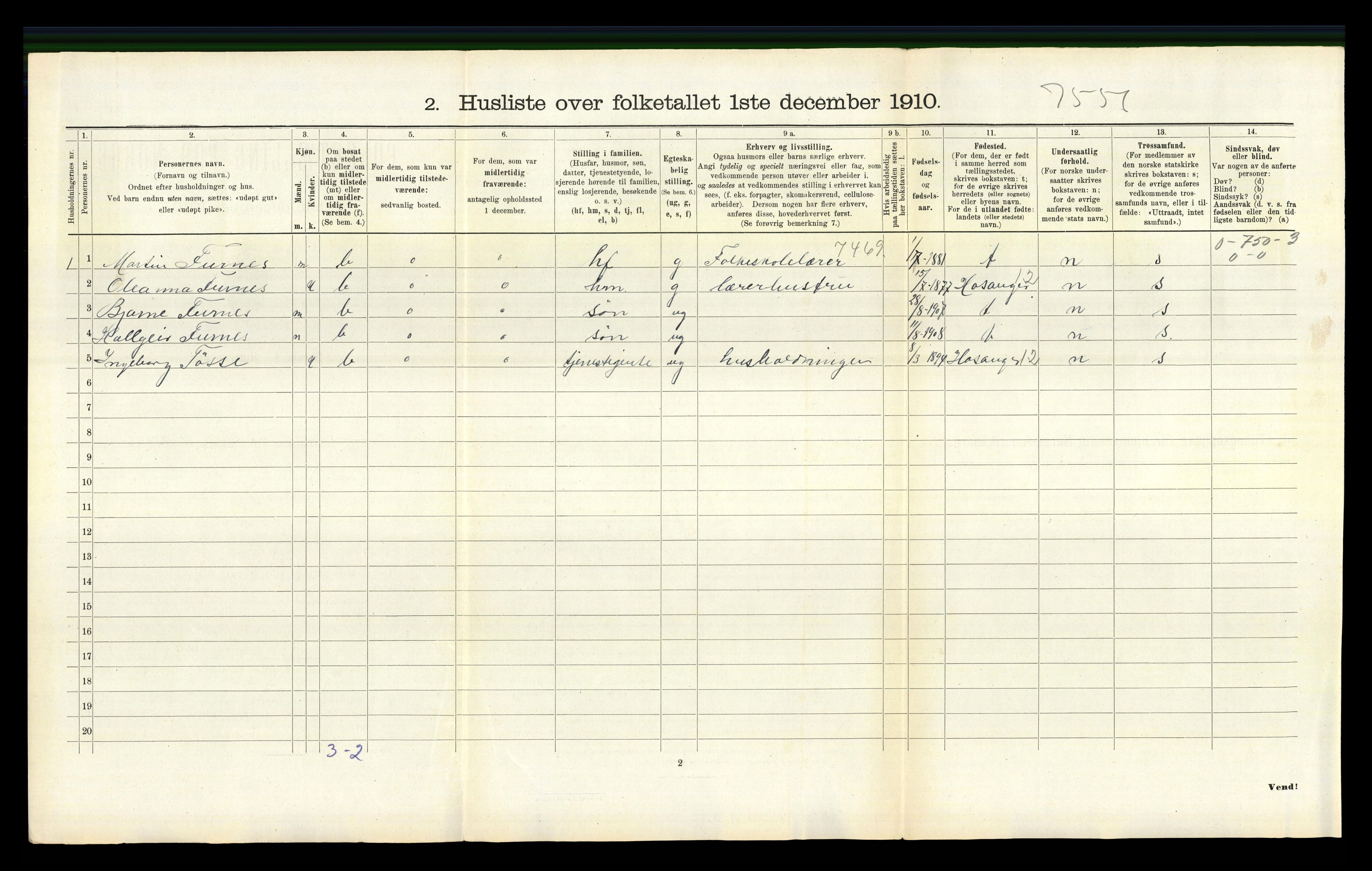 RA, 1910 census for Bruvik, 1910, p. 933