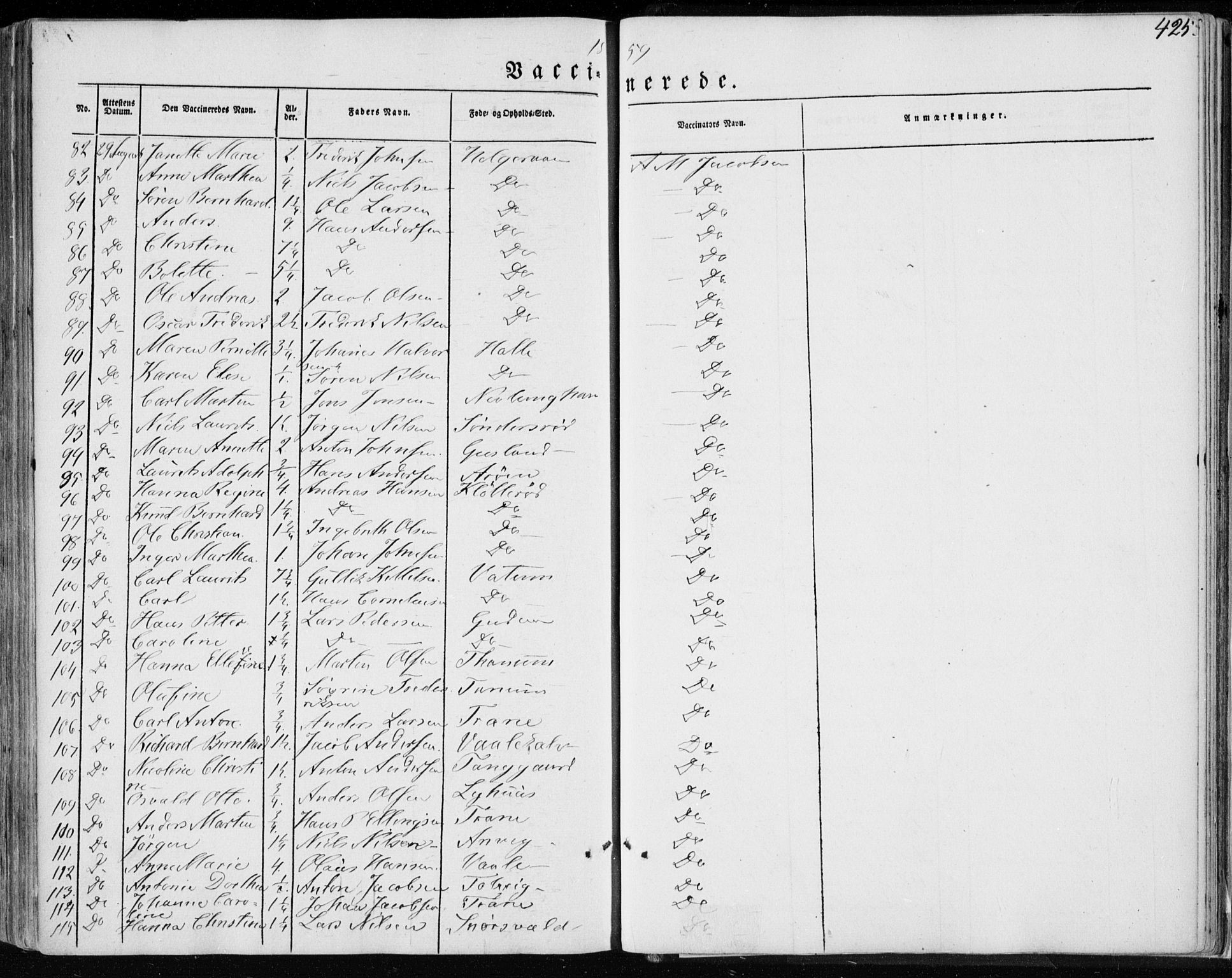 Brunlanes kirkebøker, AV/SAKO-A-342/F/Fa/L0004: Parish register (official) no. I 4, 1846-1862, p. 425