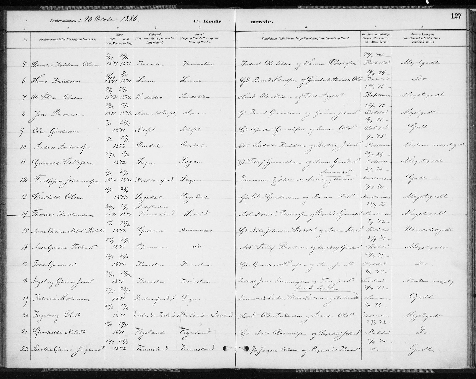 Vennesla sokneprestkontor, AV/SAK-1111-0045/Fa/Fab/L0004: Parish register (official) no. A 4, 1884-1896, p. 127