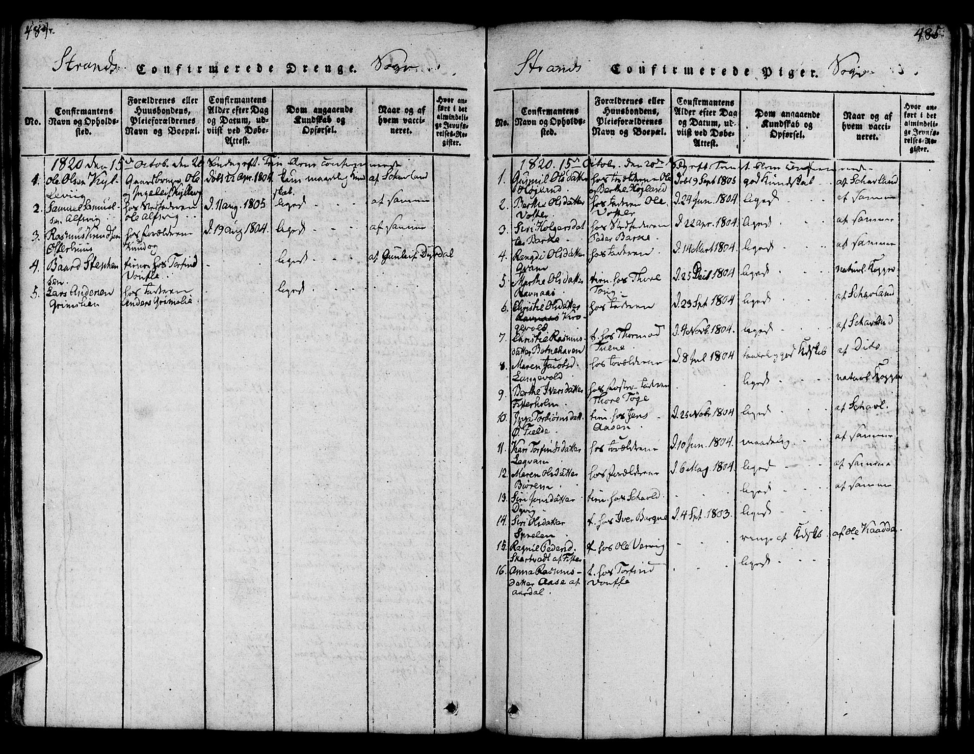 Strand sokneprestkontor, SAST/A-101828/H/Ha/Haa/L0004: Parish register (official) no. A 4 /1, 1816-1833, p. 484-485