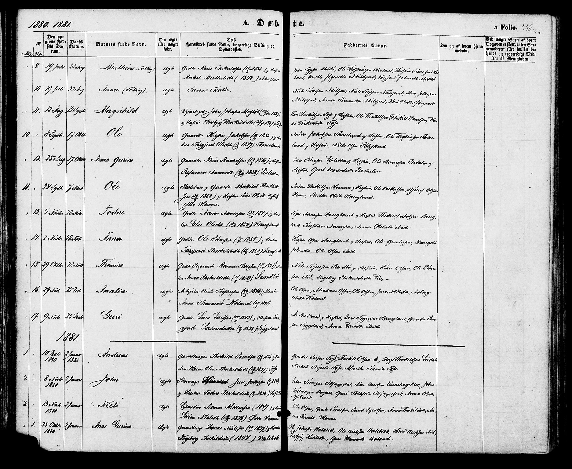 Bjelland sokneprestkontor, SAK/1111-0005/F/Fa/Faa/L0003: Parish register (official) no. A 3, 1867-1887, p. 46