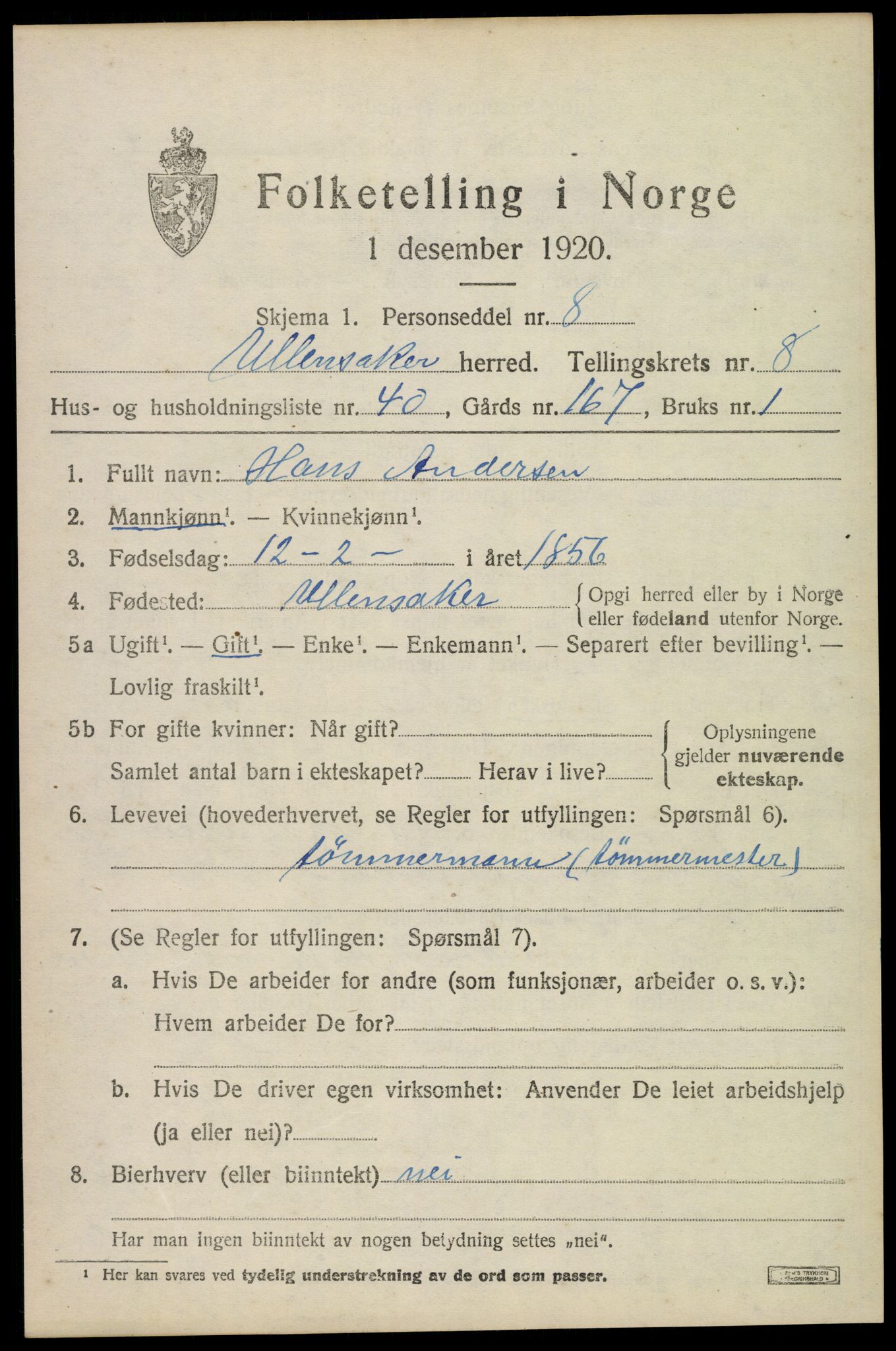 SAO, 1920 census for Ullensaker, 1920, p. 14639