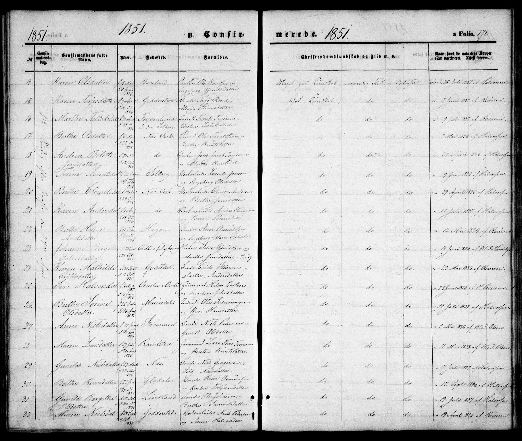 Holt sokneprestkontor, AV/SAK-1111-0021/F/Fa/L0008: Parish register (official) no. A 8, 1849-1860, p. 171